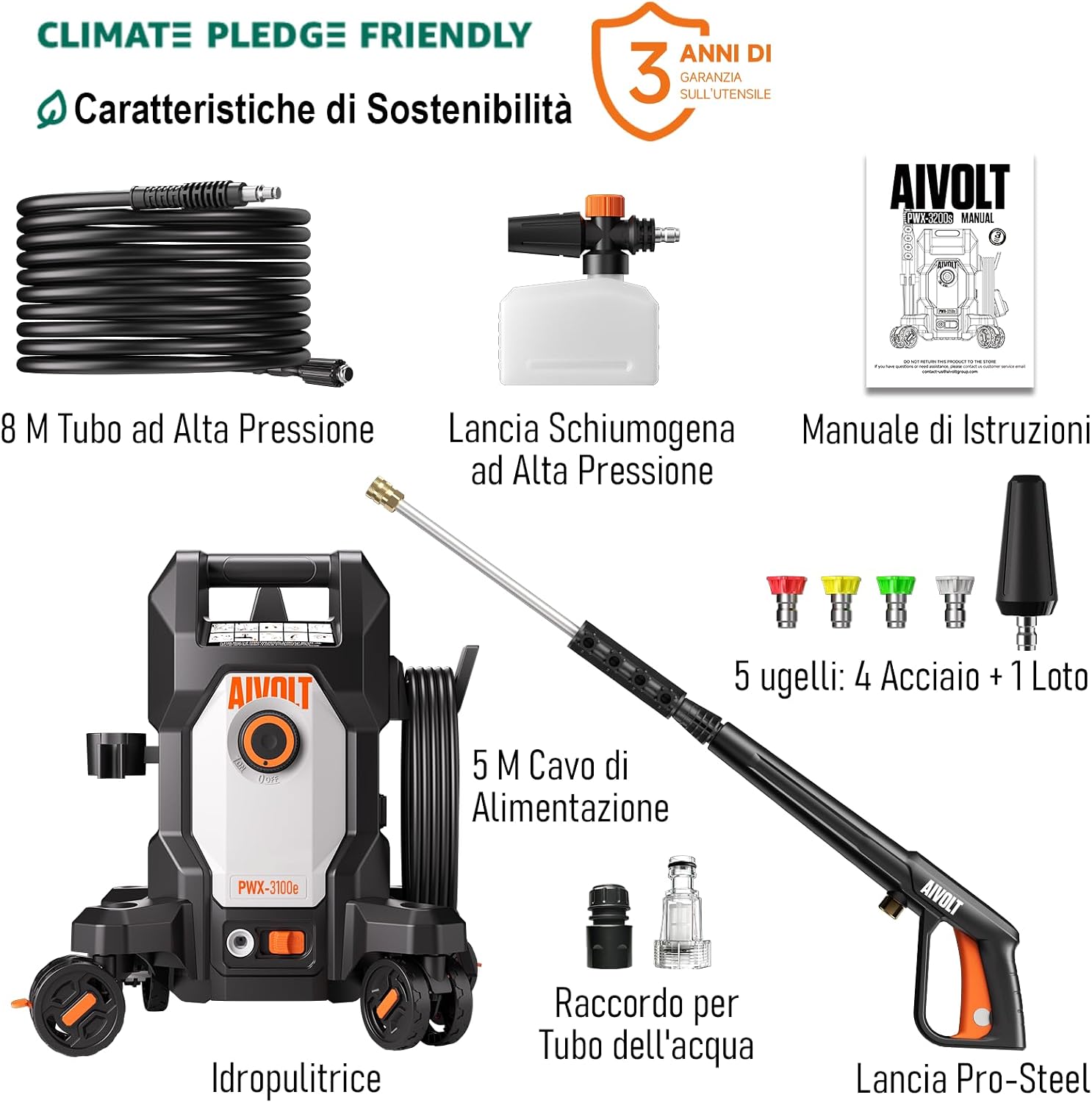 AIVOLT Idropulitrice ad Alta Pressione da 1800W, 170 Bar