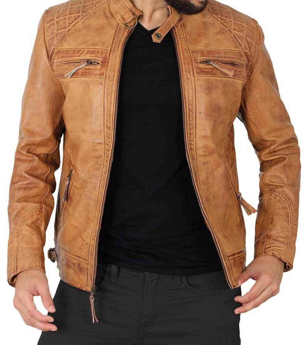 Men’s Quilted Distressed Camel Leather Jacket