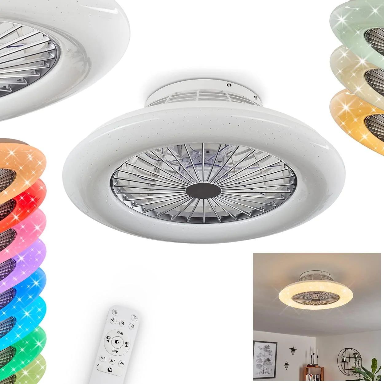 LED Deckenventilator Piraeus, Deckenlampe mit Ventilator aus Metall und Kunststoff in Weiß, RGB Farbwechsler, über Fernbedienung dimmbar, 40 Watt