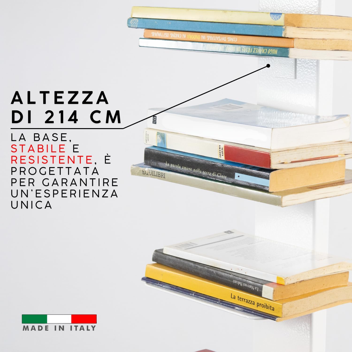 MOHOME Libreria Verticale a Colonna da Terra Sospesa Bianca Premium Quality Made in Italy 14 Ripiani Mensola 20 x 15 cm Stretta e Alta 214 cm Finitura Metallo Biblioteca Salvaspazio Soggiorno Cucina