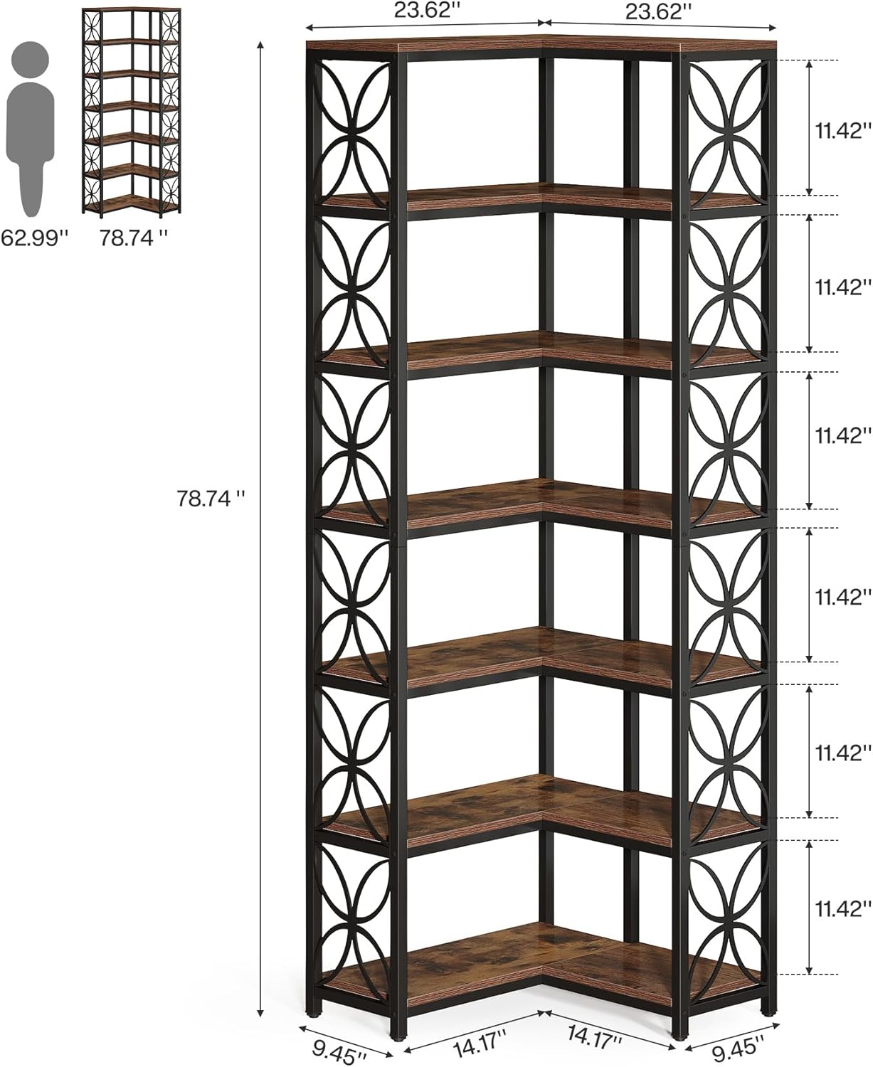 Tribesigns Libreria Angolare da 200 cm, Scaffale Angolare a Forma di L in Legno con 7 Ripiani, Stile Industriale, Angoliera Soggiorno per Soggiorno, Cucina, Ufficio, Marrone Rustico e Nero