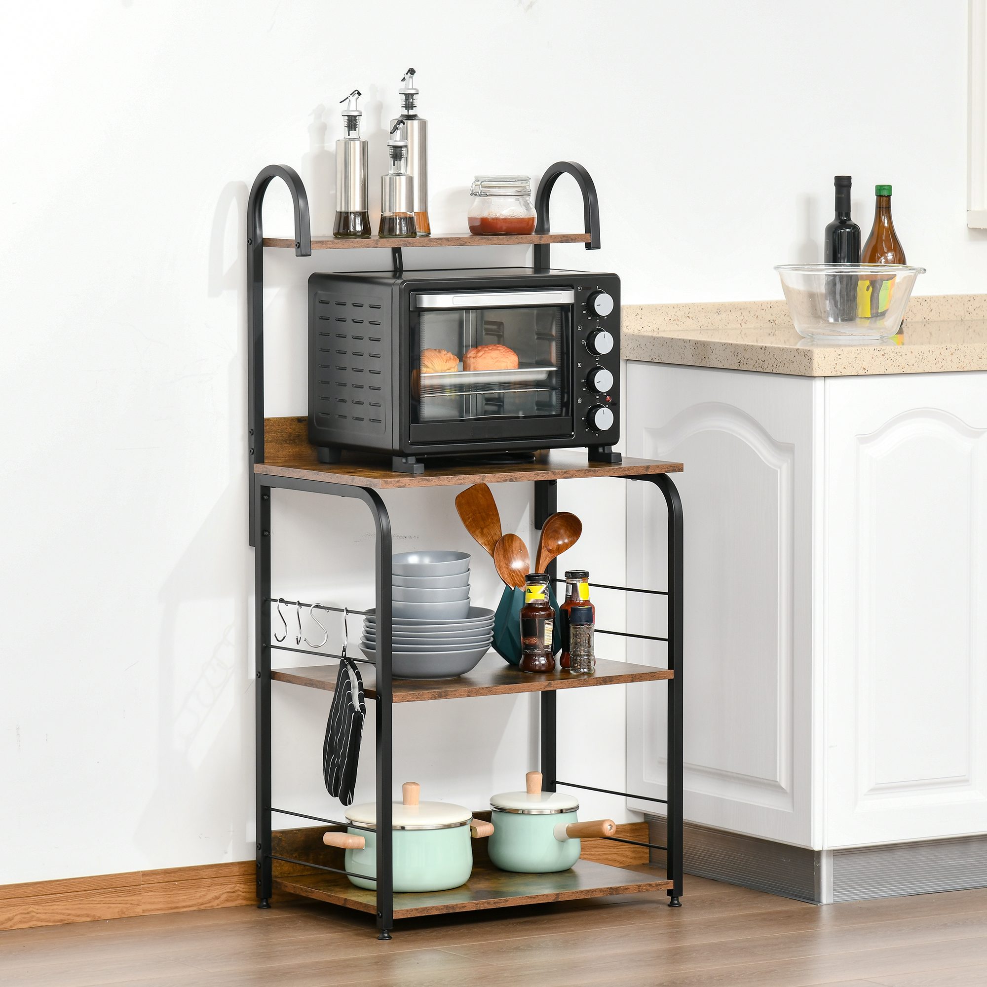 HOMCOM Mikrowellenschrank mit 4 Regalen und 4 Haken, Küchenschrank aus Stahl und Spanplatte 60x40x125cm, Rustikales Braun