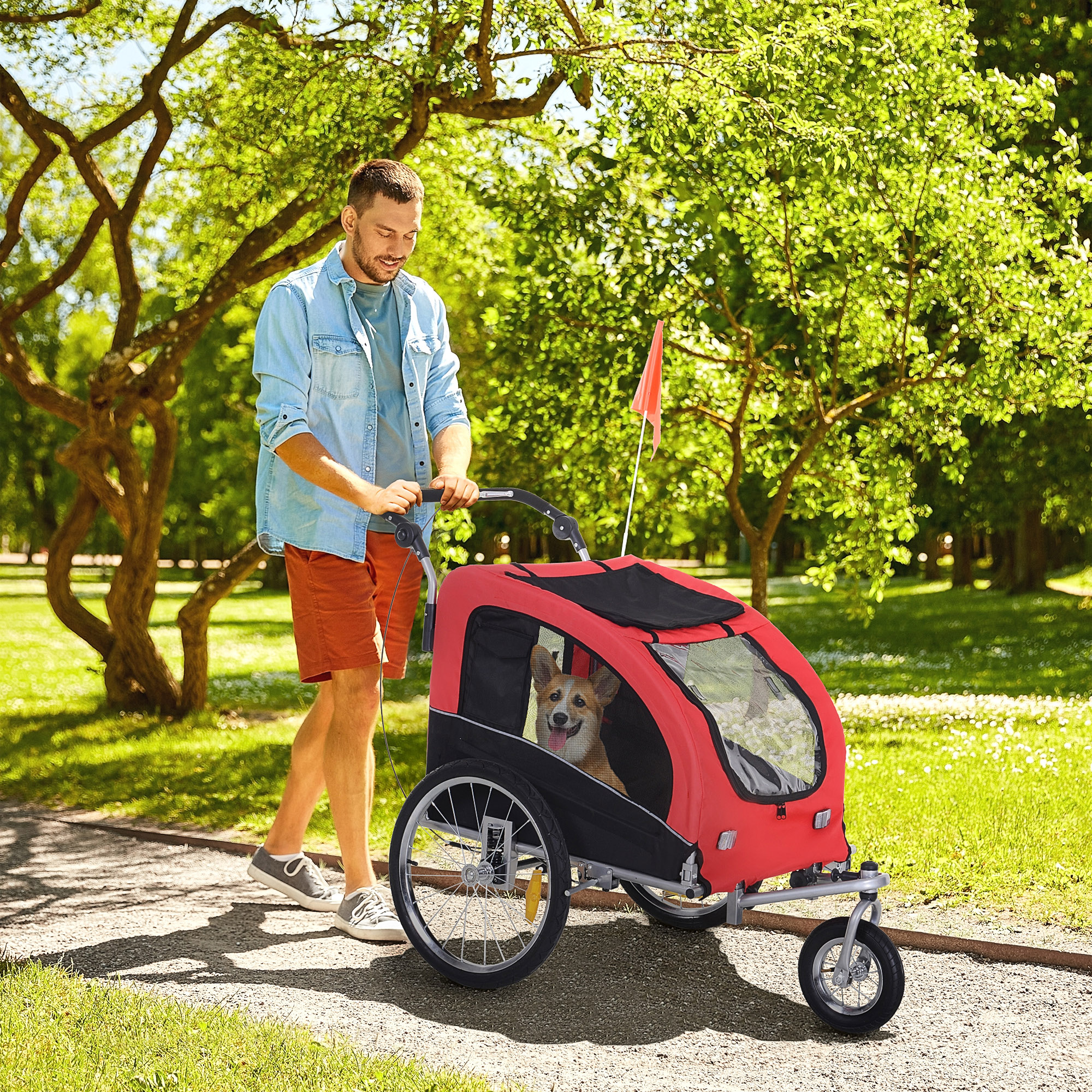 PawHut Hundeanhänger mit Jogger-Funktion Universalkupplung Stahl Rot+Schwarz