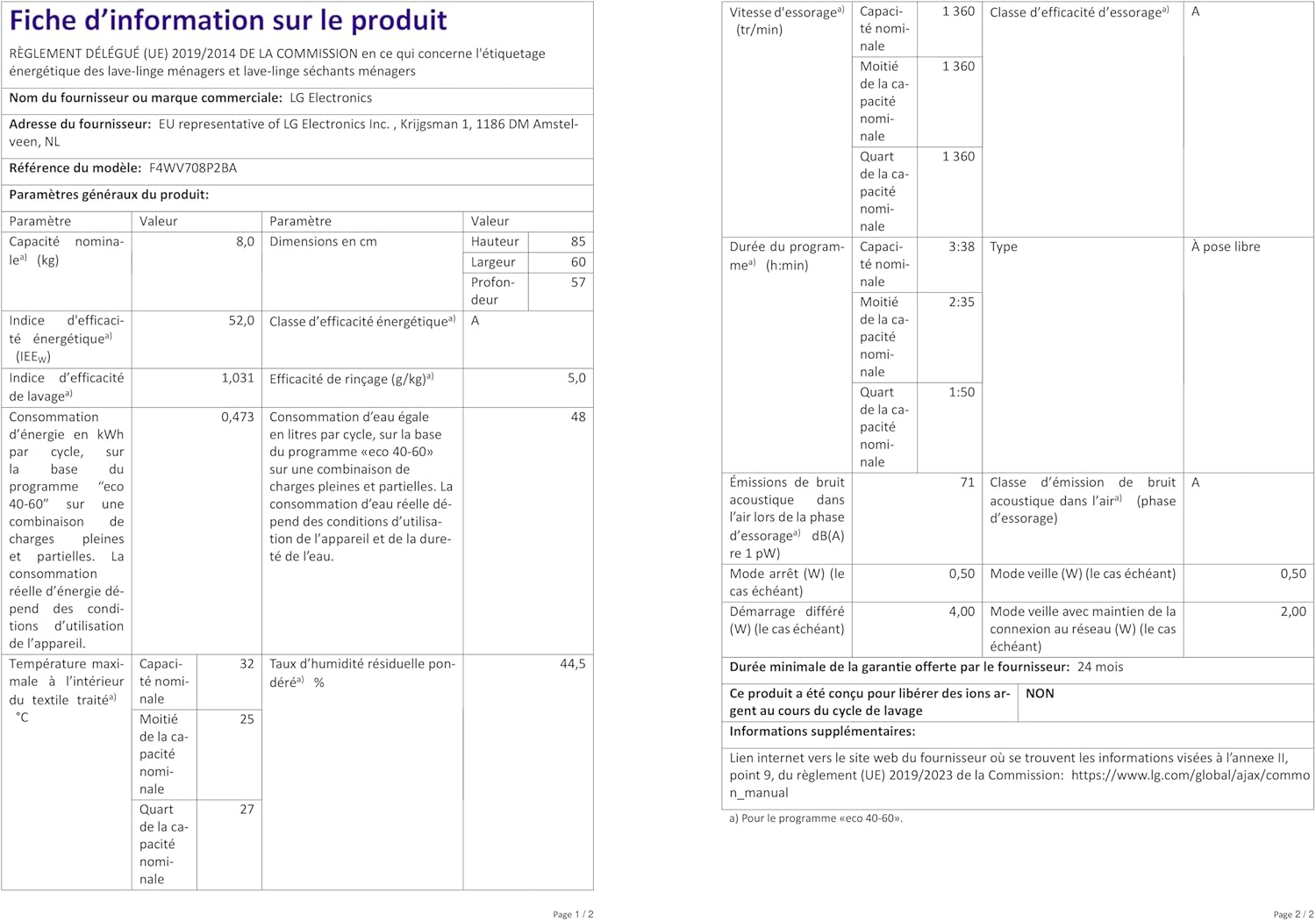 LG F4WV7080, Klasse A, Frontlader-Waschmaschine 8 kg, 1400 U/Min, AI Direct Drive, Wi-Fi, Tiefenreinigung mit Dampf, Groe Kapazitt, TRIPLE A, Auentür aus Sicherheitsglas, 62 x 60 x 85 cm Wei