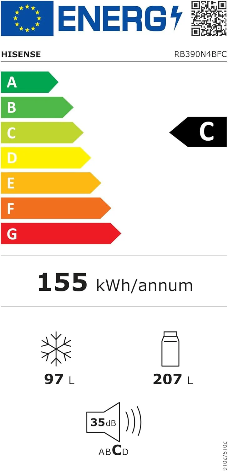 Hisense RB327N4ADD Koelvriescombinatie, EEK D, Total NoFrost, Verwisselbare Deurscharnieren, Flessenrek, 171 Liter Koelgedeelte, 85 Liter Vriesgedeelte, Roestvrijstalen look