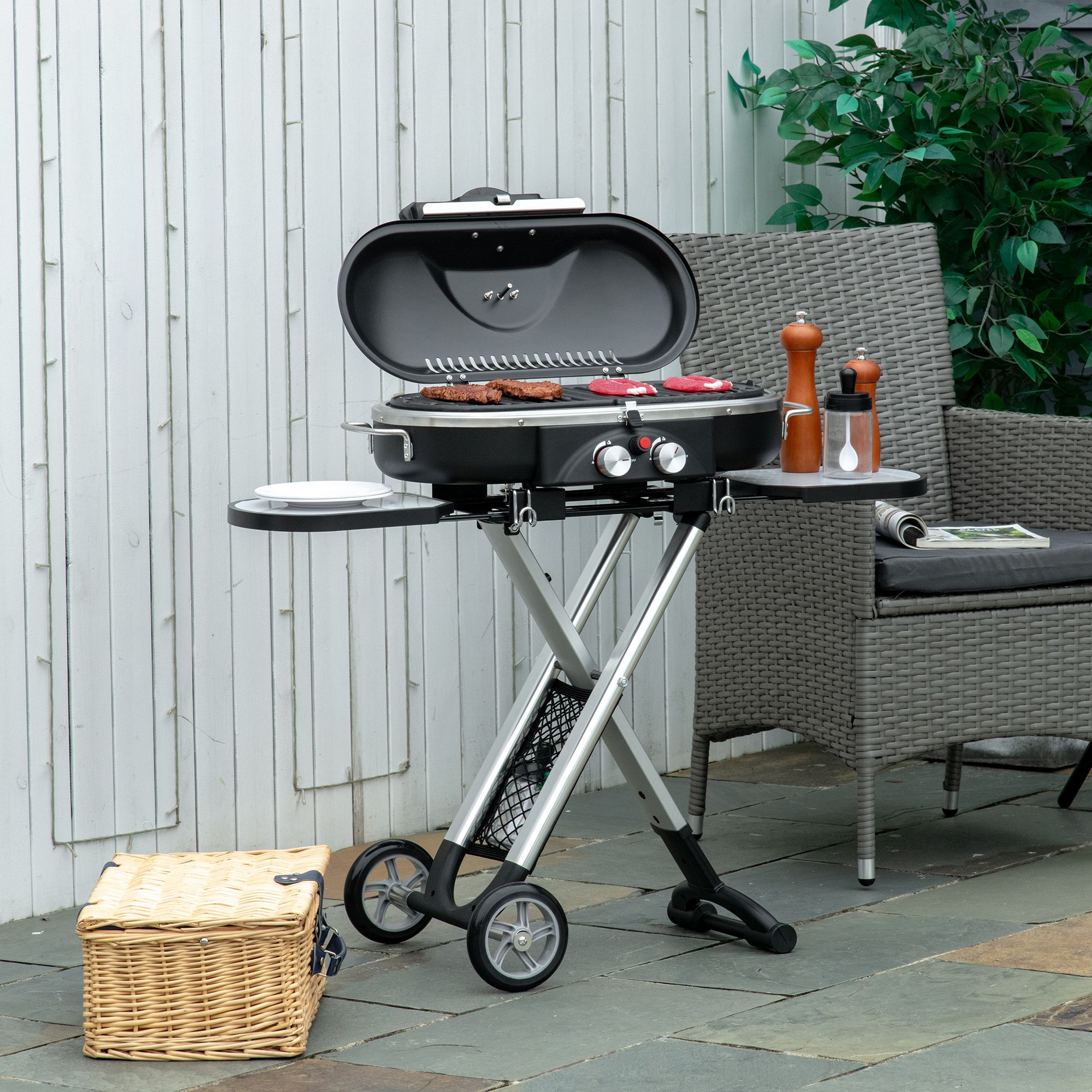 Outsunny Grillwagen, klappbar, Ablage, Fettauffang, rostfrei, Aluminium, 100 x 41,6 x 82,5 cm, Schwarz/Silber