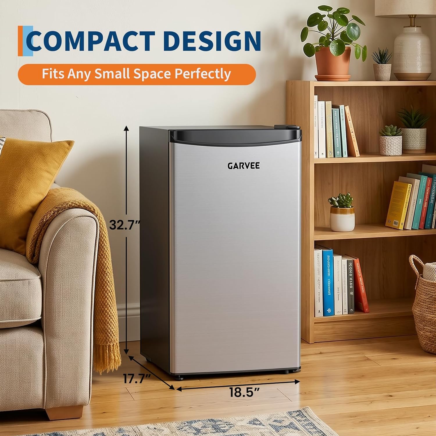 Garvee Leiser Mini Kühlschrank 45L – Edelstahlfront, 5 Temperaturstufen (0–18℃), Gemüseschublade, verstellbare Füße, kompakt & energieeffizient – Für Zimmer & Büro – European Standard
