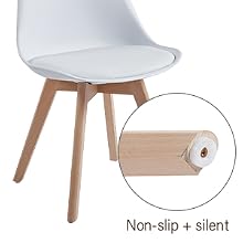 Sedia da pranzo moderna bianca con gambe in legno, con primo piano del design del piede antiscivolo e silenzioso in un'immagine circolare