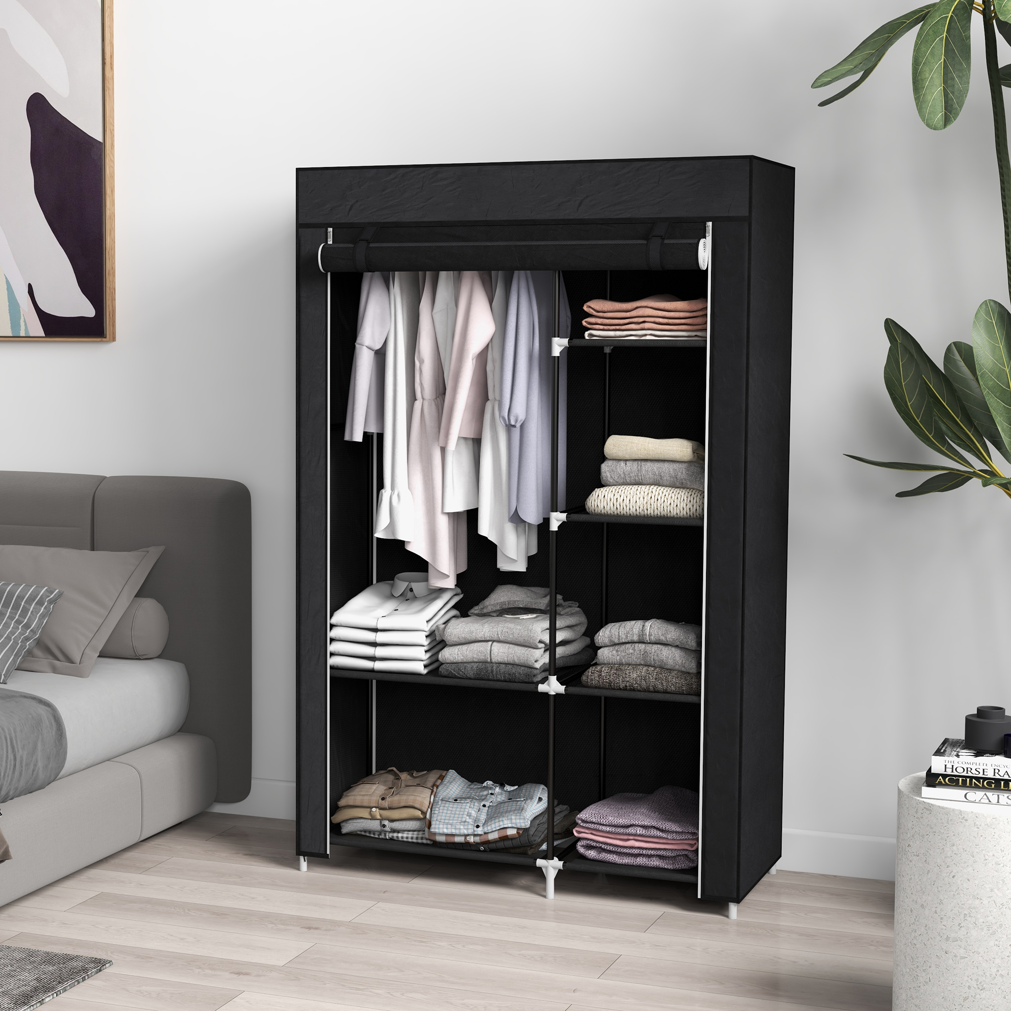 HOMCOM Schrank aus Stoff, Aufbewahrungslösung, 6 Regale, 1 Kleiderstange, Schwarz