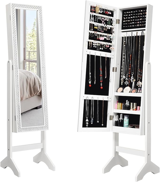 Armadio per Gioielli, Armadietto Portagioie con Specchio a Figura Intera, Organizer Spazioso per Gioielli, per Camera da Letto e Salotto, 35,5 x 33 x 153 cm (Bianco)