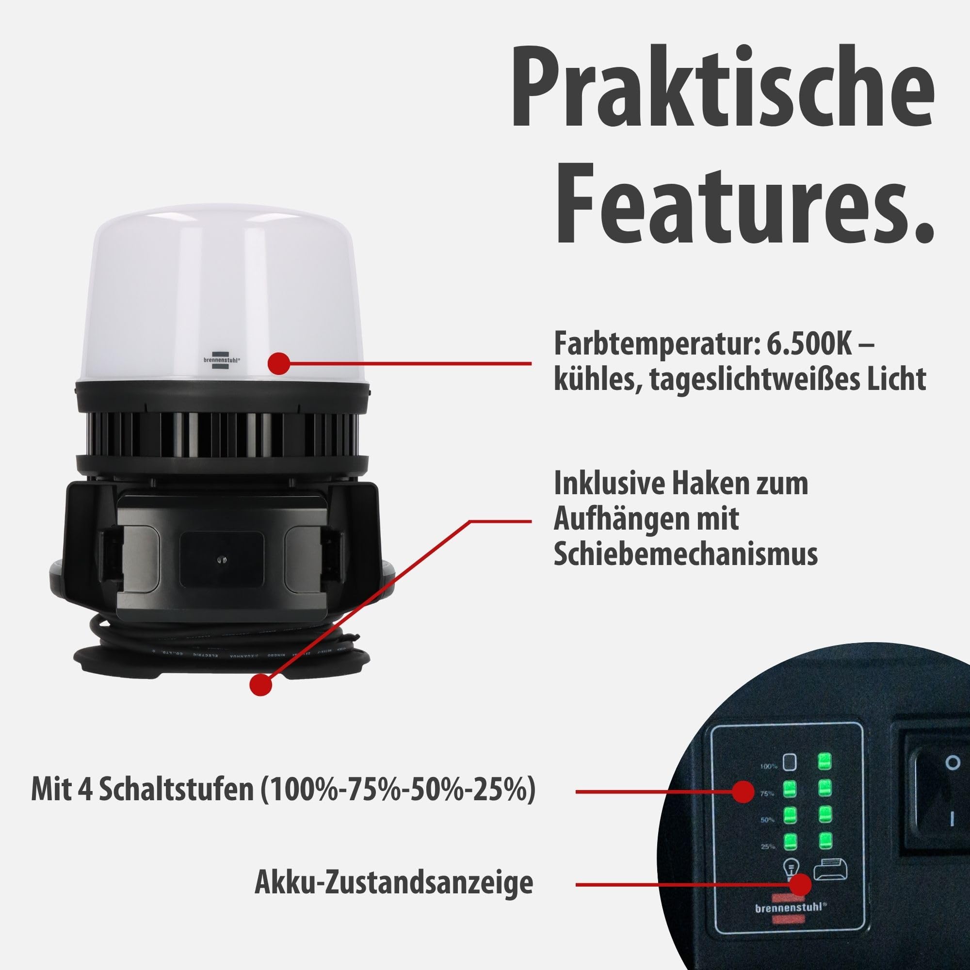 LED Baustrahler 360° Hybrid 12000lm für 18V Akku, 4 Schaltstufen, 5m Kabel, ohne Akku