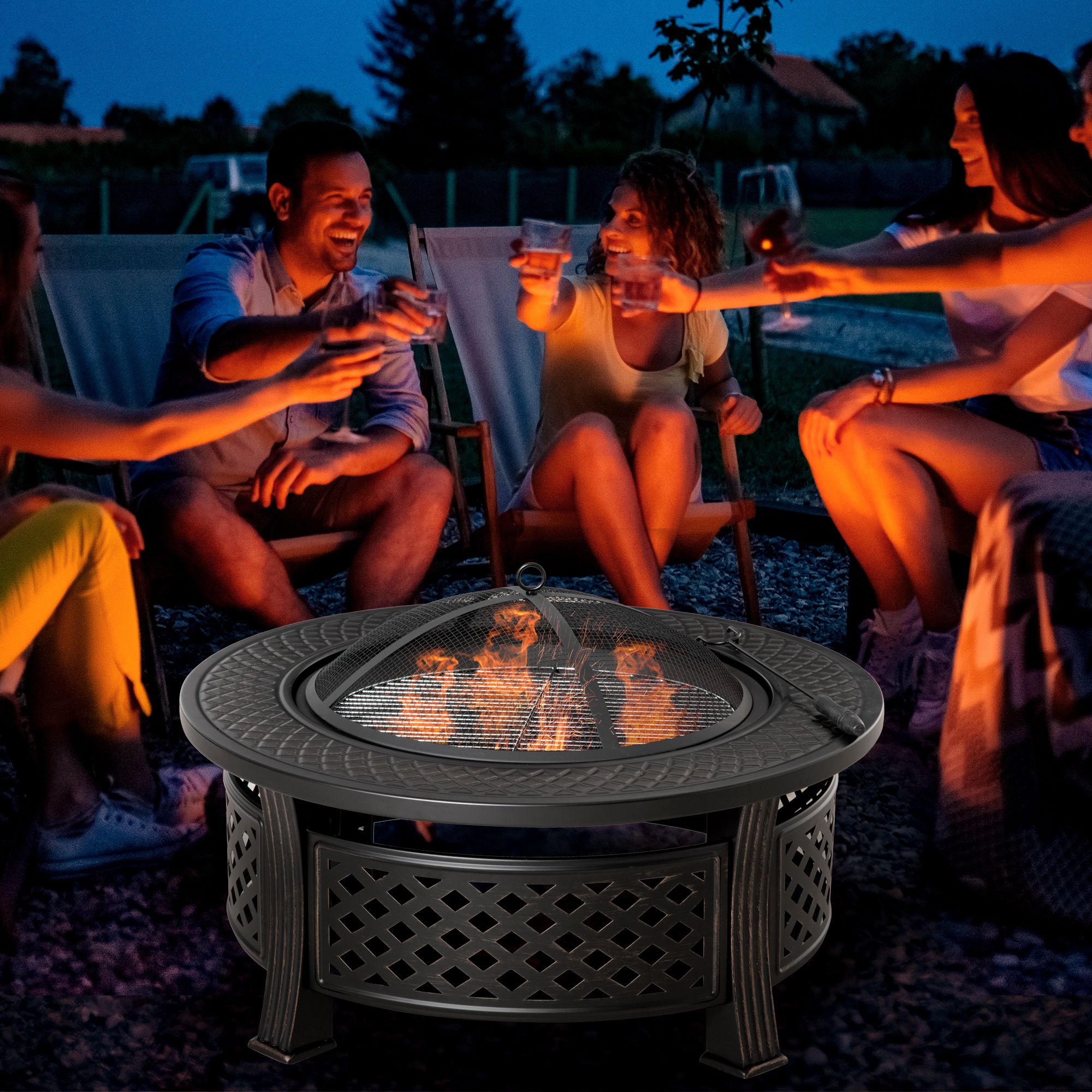 Outsunny Feuerschale mit Schürhaken Funkenschutz Feuerkorb Feuertisch rund Feuerstelle für Garten Camping BBQ Stahl Schwarz 81 x 81 x 50 cm