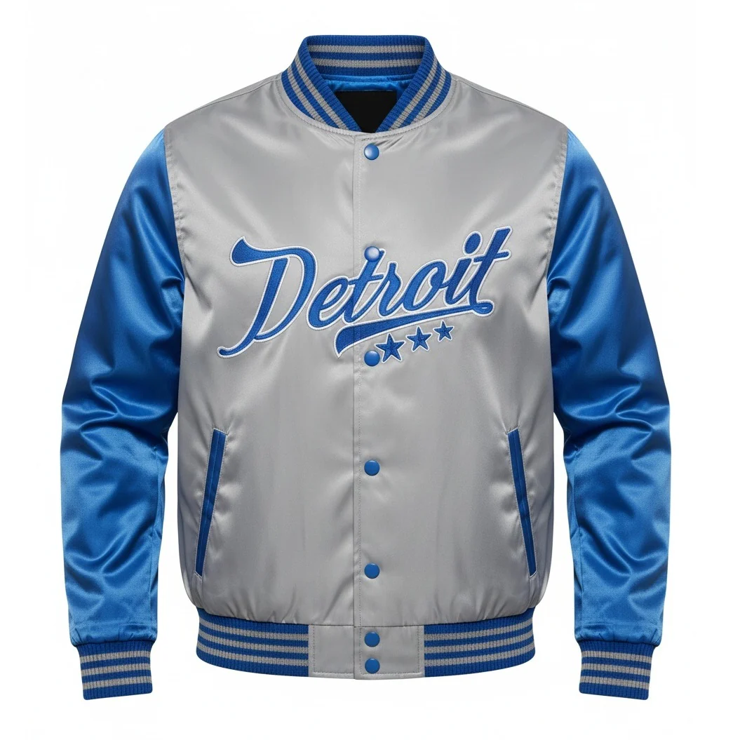 16 Pack Adult Lightweight Grey / Blue Satin Jacket with Detroit Embroidery