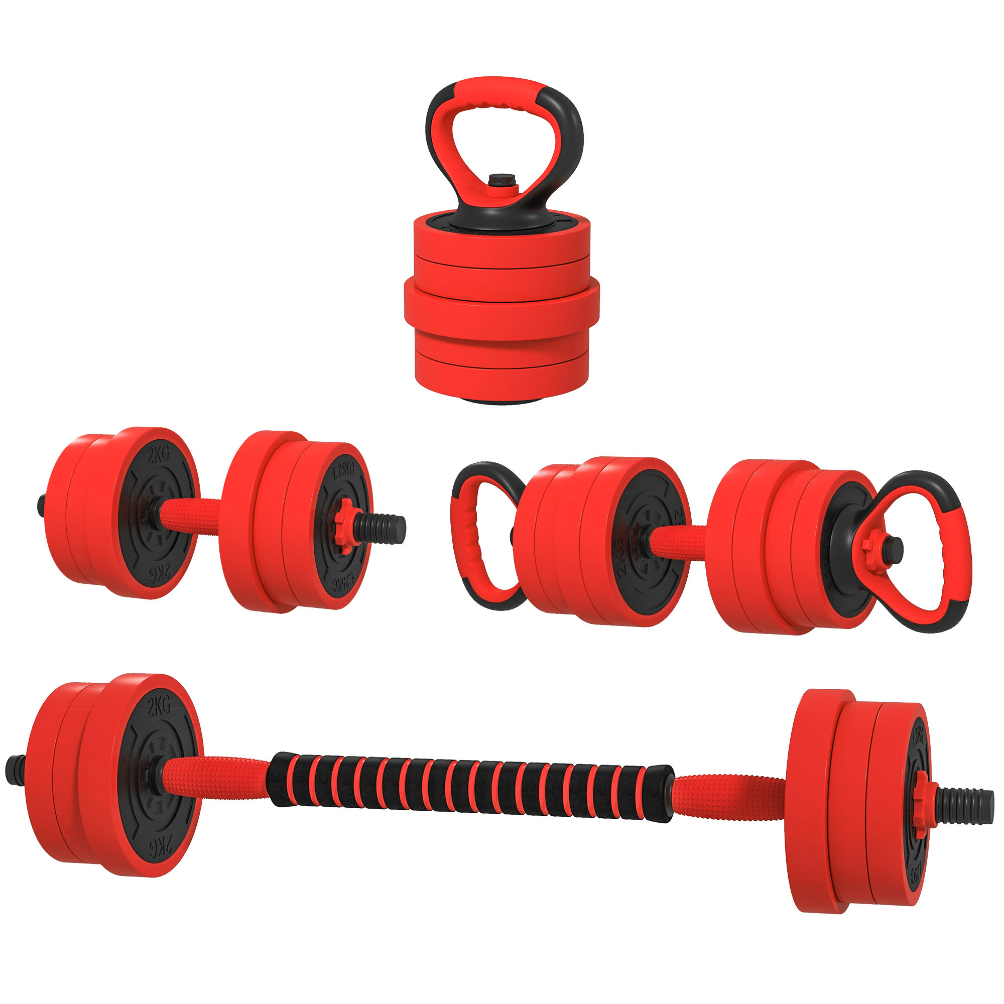 SPORTNOW Set Pesi da Palestra 4 in 1 da 20kg, in Kettlebell umwandelbar, 2 Hanteln, Langhantel und Liegestützgriff, Rot