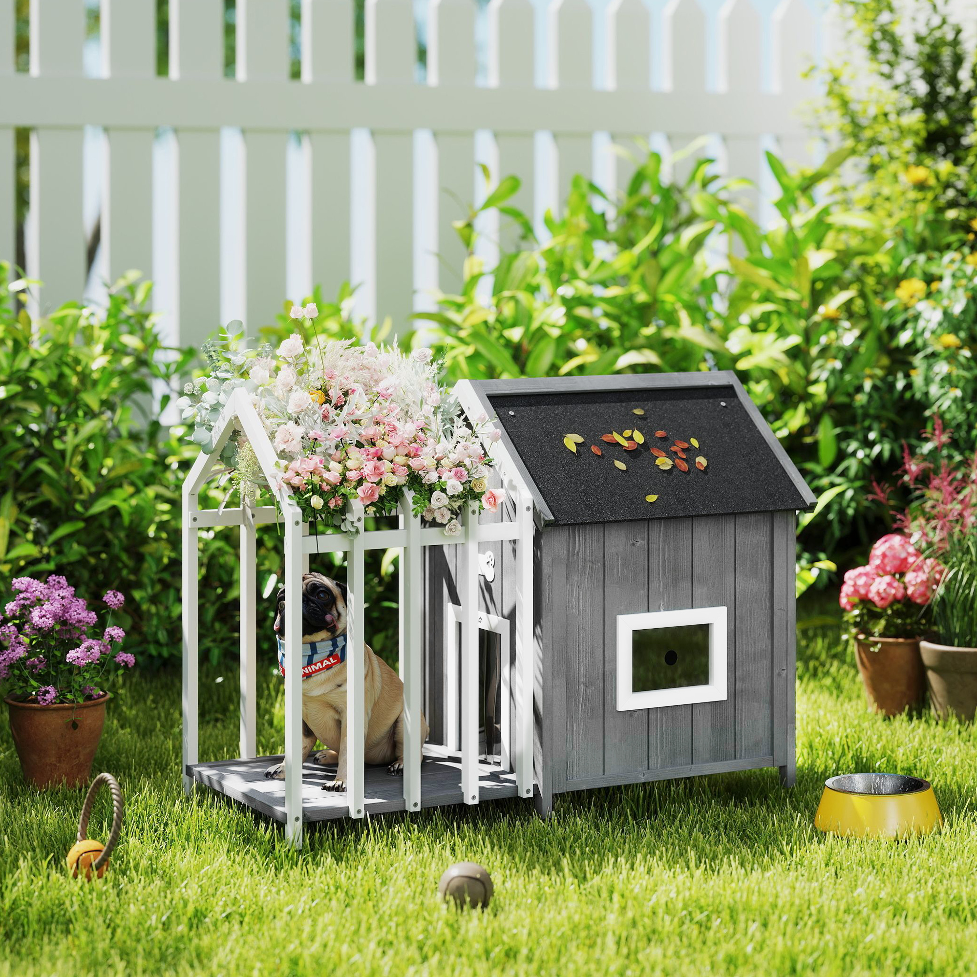 PawHut Hundehütte für den Außenbereich aus Holz, Hundehaus mit Terrasse, Lamellentür, 106 x 62,5 x 80,5 cm, Grau