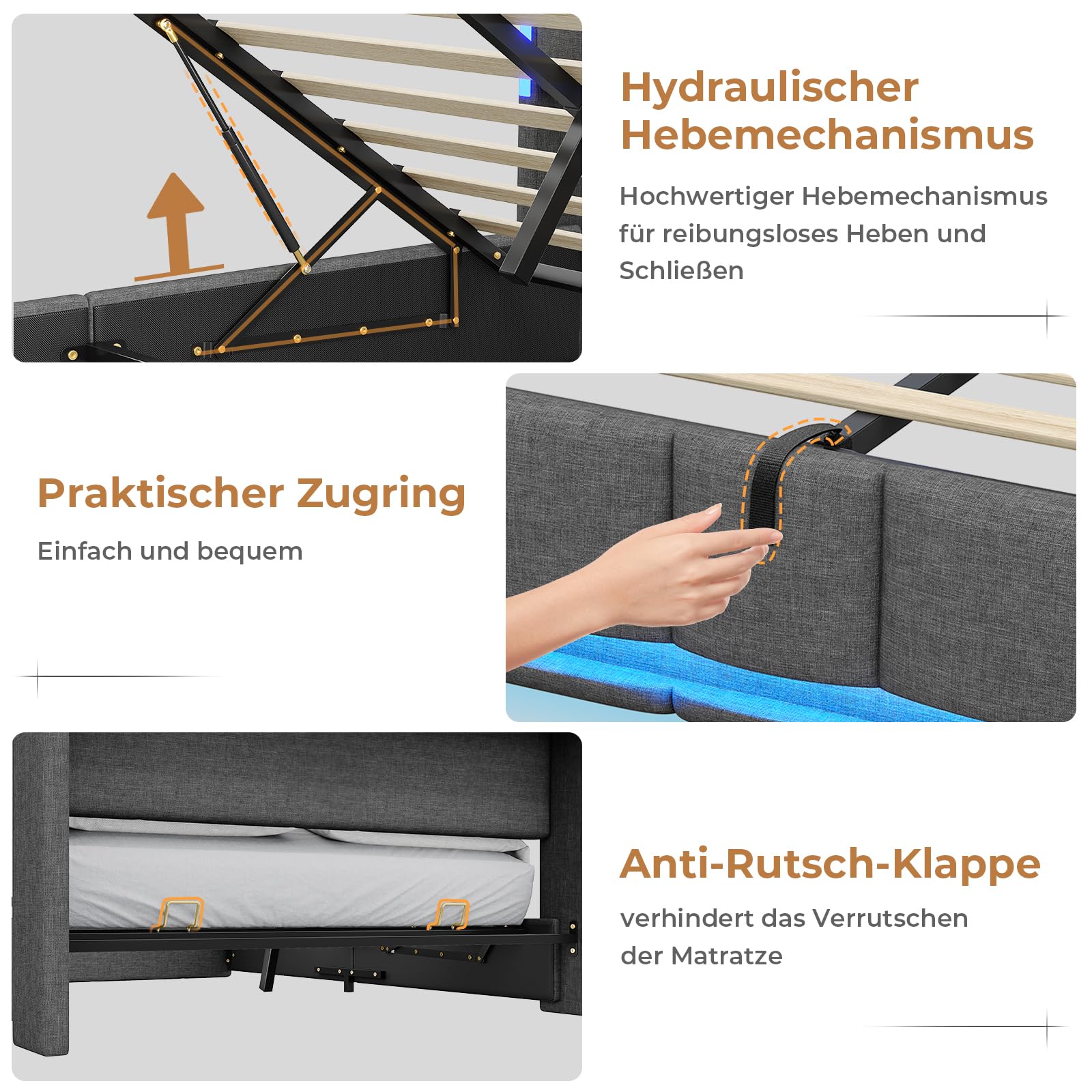 Polsterbett 140x200 cm mit Bettkasten LED-Beleuchtung USB-Anschlüssen und hydraulischem Stauraum Dunkelgrau