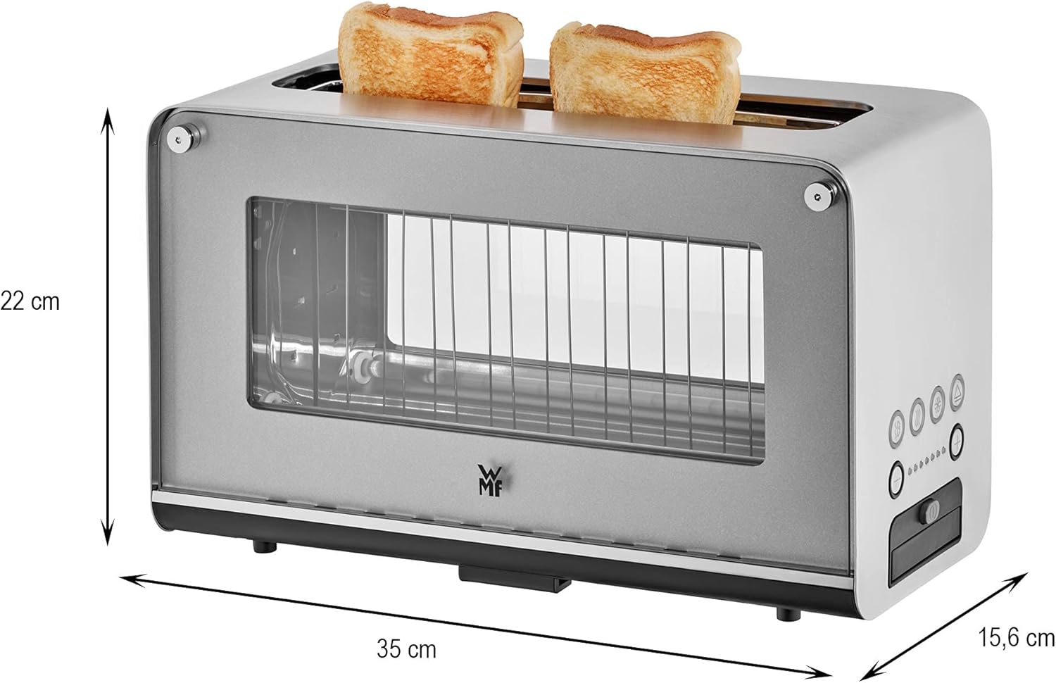 WMF Lono Toaster Glas mit Brtchenaufsatz, 2 Scheiben, XXL, motorisierte Toastaufnahme, Aufwrm-Funktion, 7 Brunungsstufen, Toaster edelstahl matt