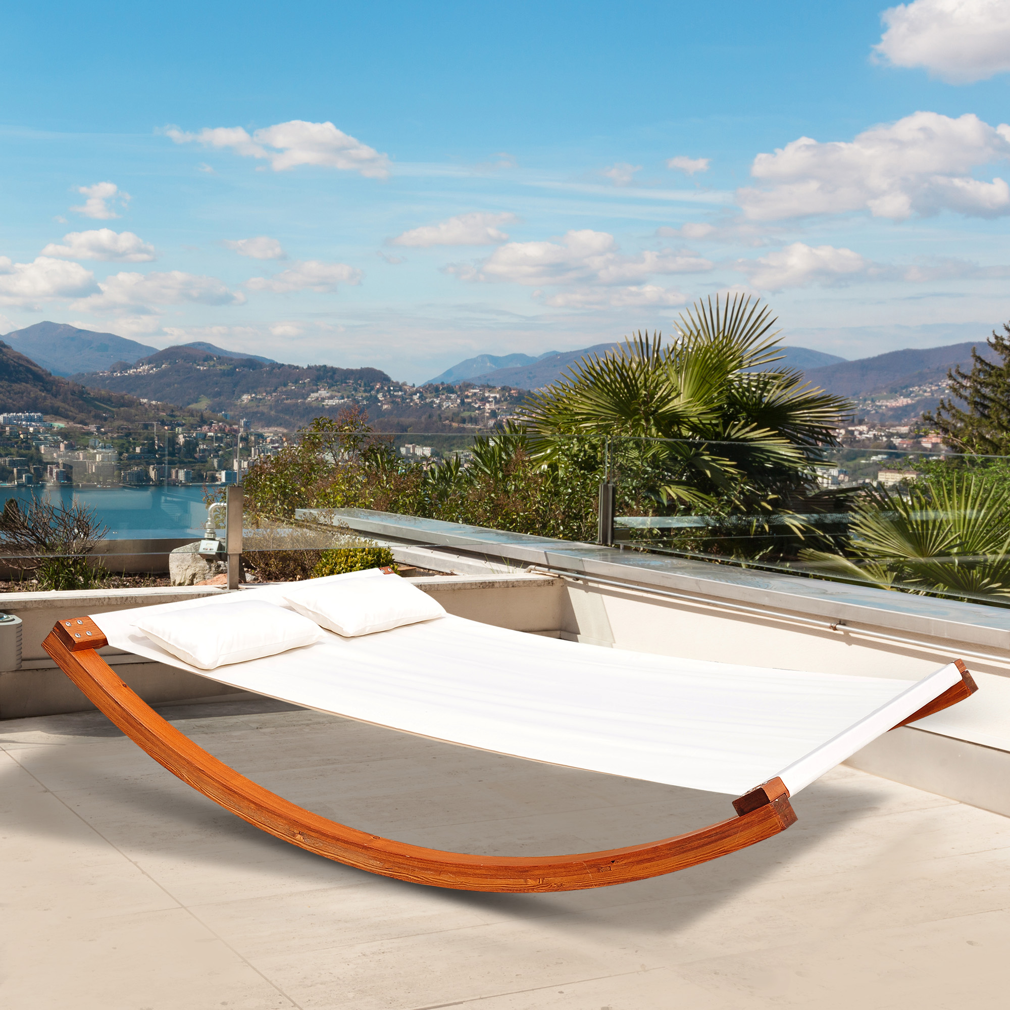 Outsunny Sonnenliege-Schaukelbett Design für 2 Personen mit 2 Kissen inklusive Vorgeöltes Lärchenholz Baumwolle Weiß