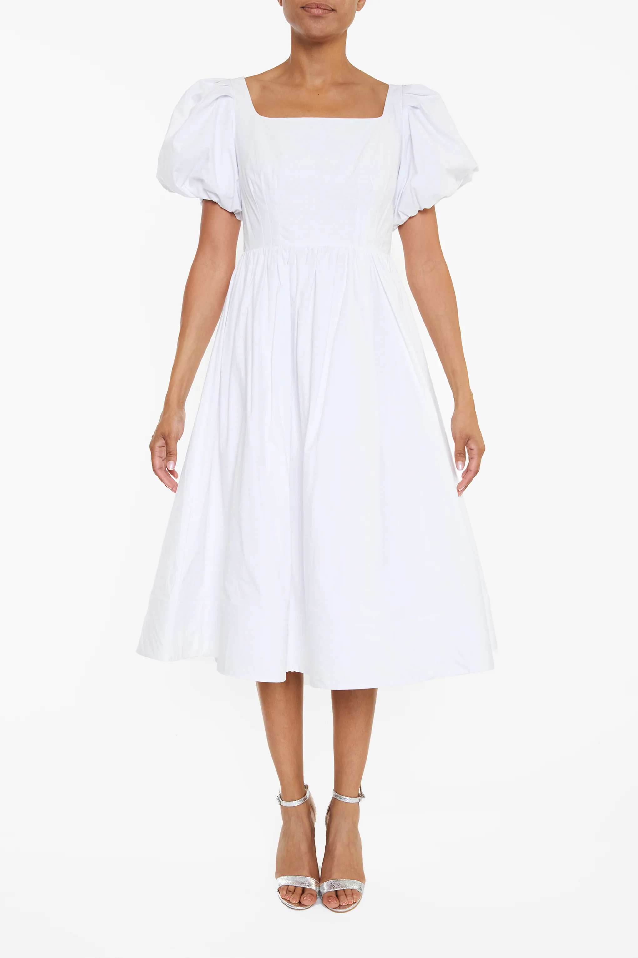 Madison White Puff-Sleeve Corset Midi Skater-Dress
