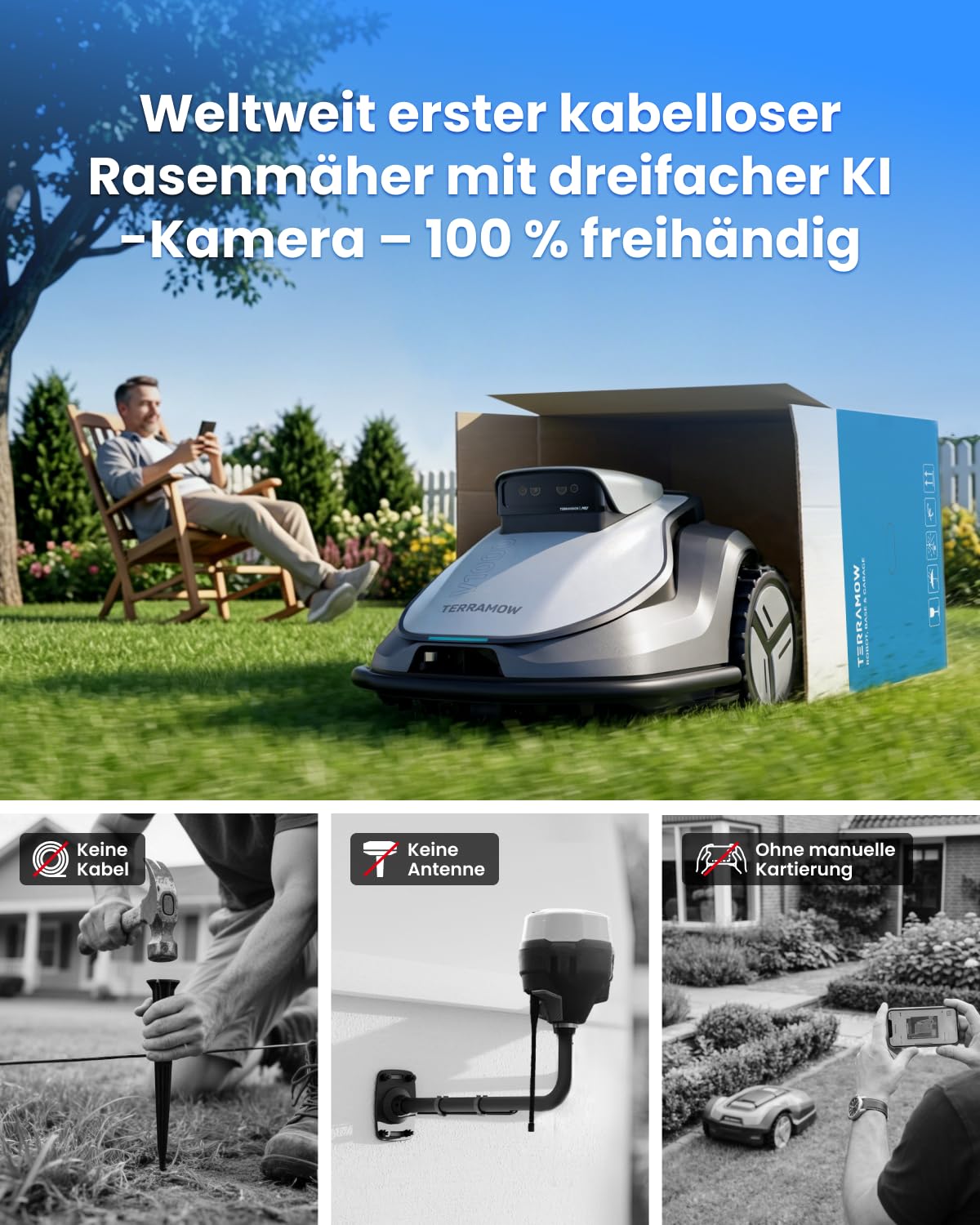 Mähroboter V600 kabellose KI-Navigation bis 600 m² 25–75 mm Schnitthöhe 32,5 % Steigung mit Garage