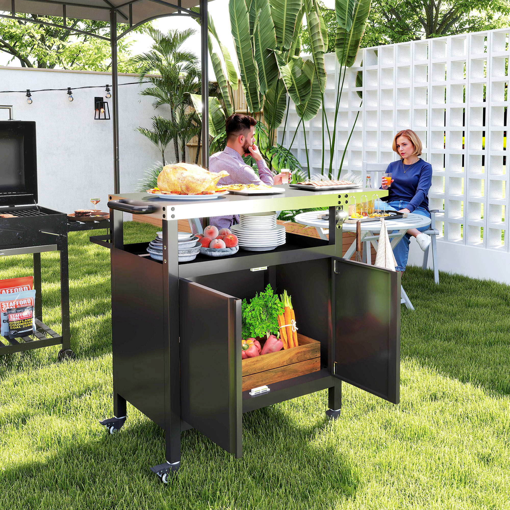 Outsunny Grillwagen 3-Etagen Servierwagen mit Arbeitsfläche Schrank Haken Räder 116x50x93cm Schwarz