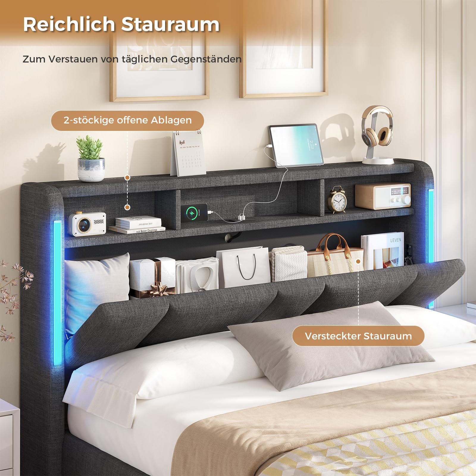 Polsterbett 140x200 cm mit Bettkasten LED-Beleuchtung USB-Anschlüssen und hydraulischem Stauraum Dunkelgrau