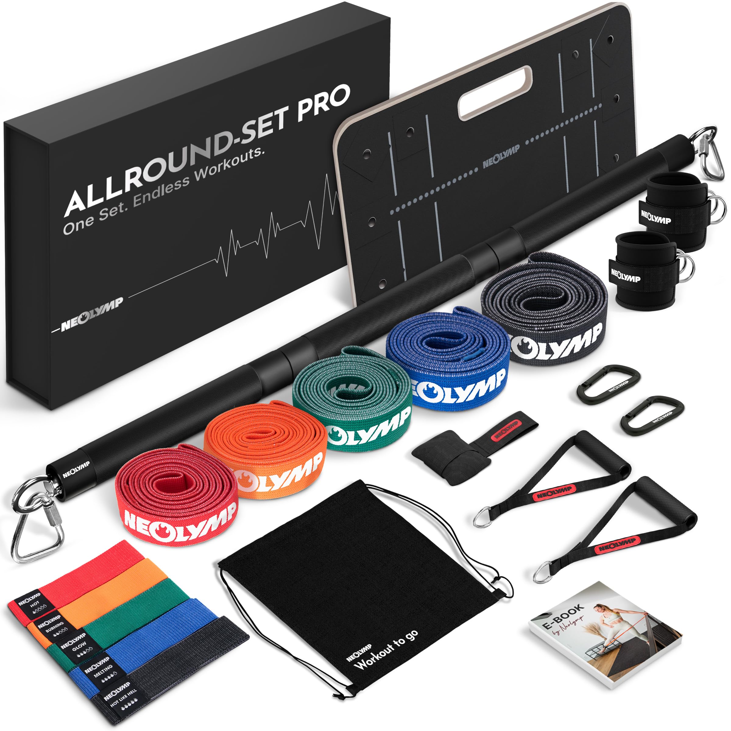 Fitnessbänder-Set aus waschbarem Stoff mit Türanker, Fußschlaufen, Grifferweiterungen, Stange und 5 Bändern in Rot, Orange, Grün, Blau und Schwarz