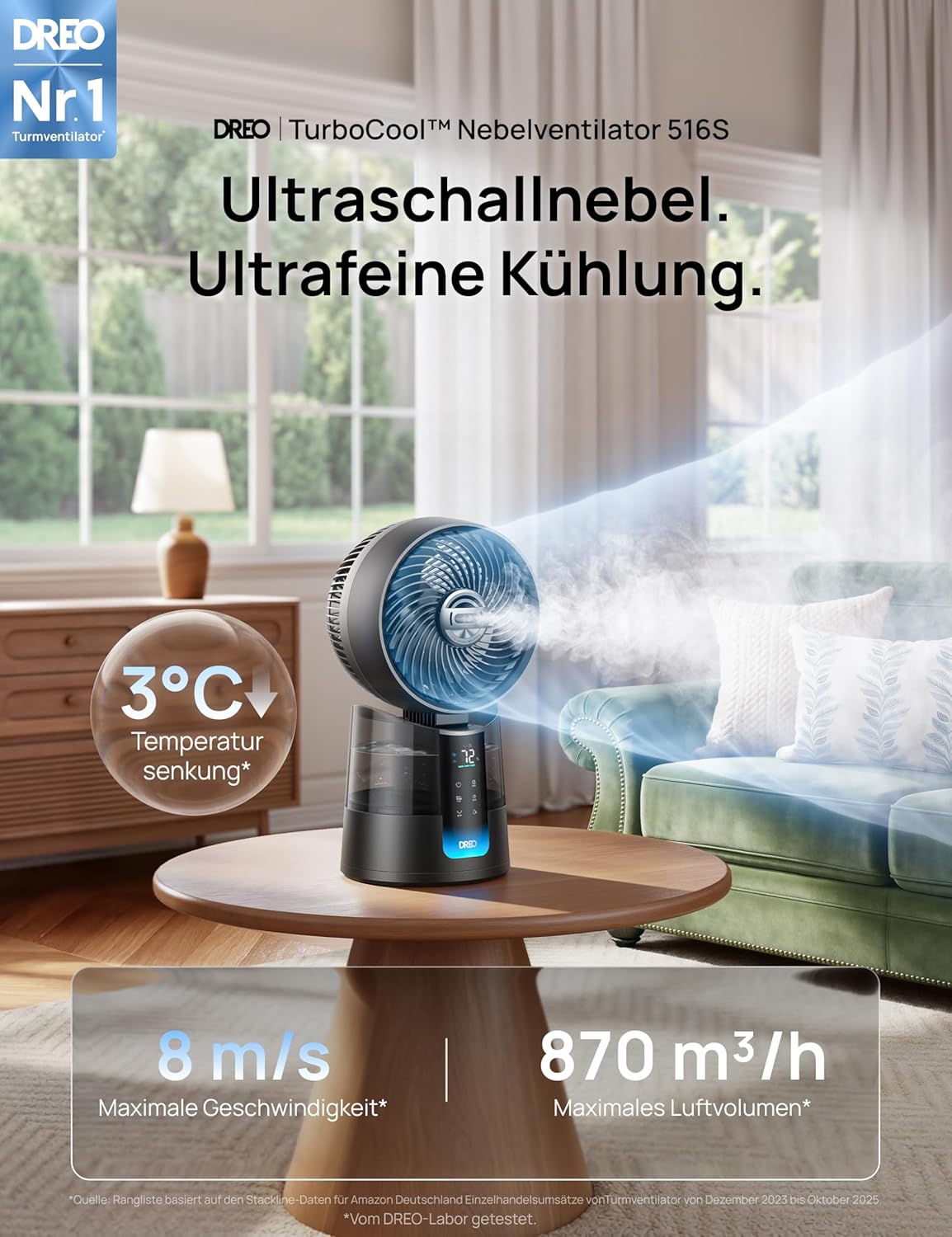 DREO TurboCool Nebelventilator 516S, Tischventilator mit 150°+30° Oszillation, Verdunstungskühler, 7.9 m/s, ultrafeiner Nebel, 20 dB leise, 6 Geschwindigkeiten, 2 Modi, App- & Fernbedienung, RGB, grau