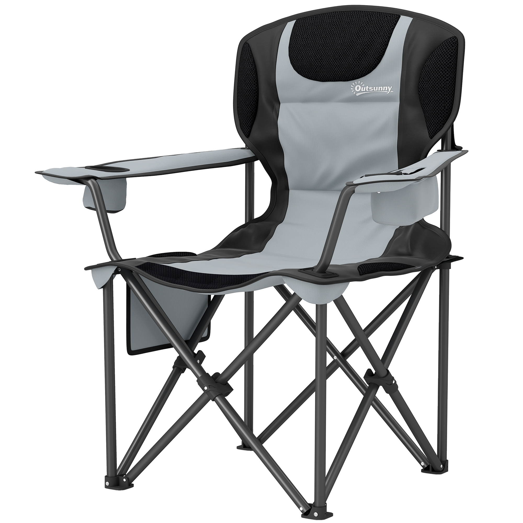 Outsunny Klappbarer Campingstuhl mit höhenverstellbaren Armlehnen, Getränkehalter, Seitenfächern und Kühltasche, Schwarz