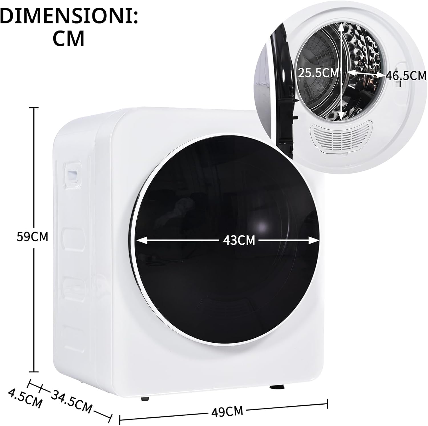 Sweiko Asciugatrice 3 kg in acciaio inossidabile, 5 programmi, triplo filtro, Bianco