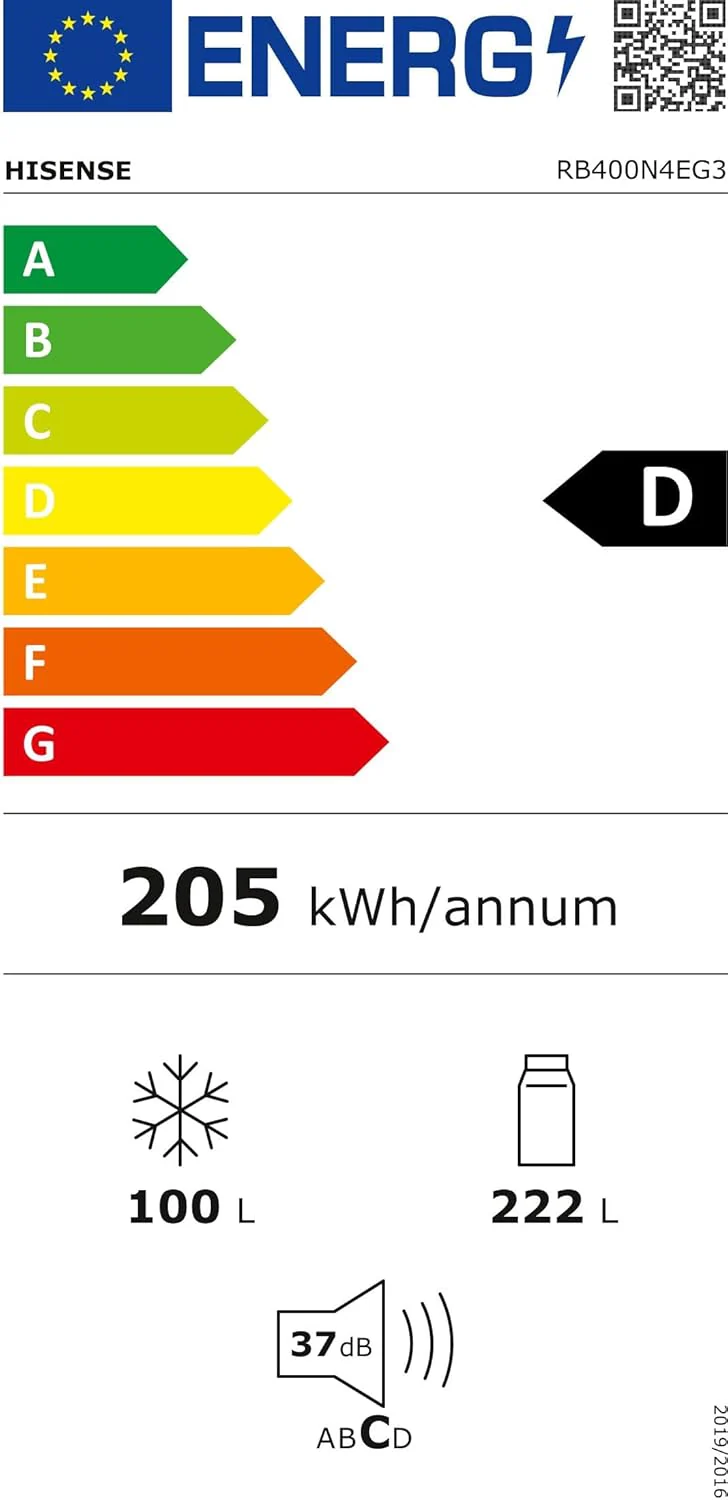 Hisense RB327N4ADD Koelvriescombinatie, EEK D, Total NoFrost, Verwisselbare Deurscharnieren, Flessenrek, 171 Liter Koelgedeelte, 85 Liter Vriesgedeelte, Roestvrijstalen look