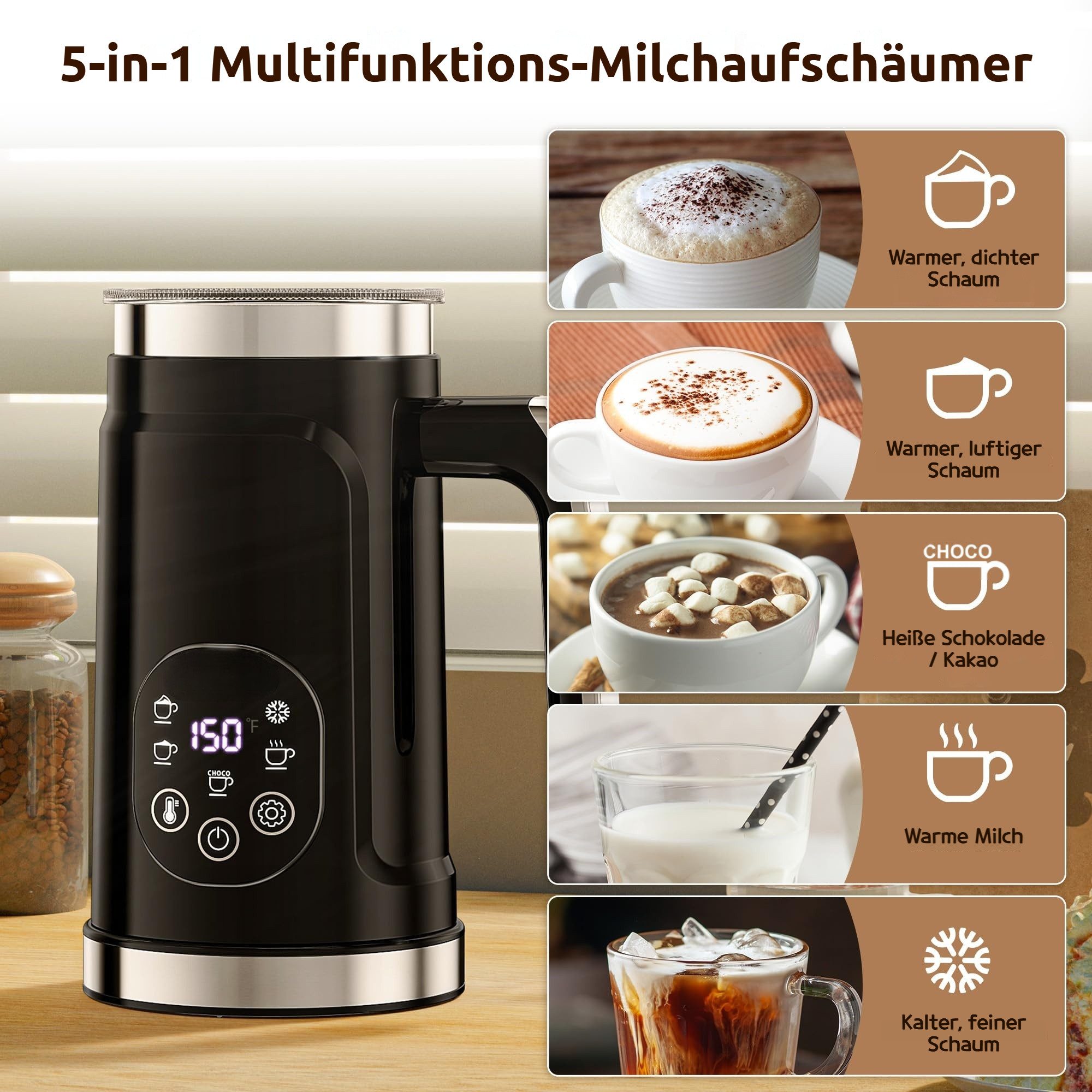 Milchaufschäumer Elektrischer Milchaufschäumer 5-in-1, LCD-Display, Temperaturregelung