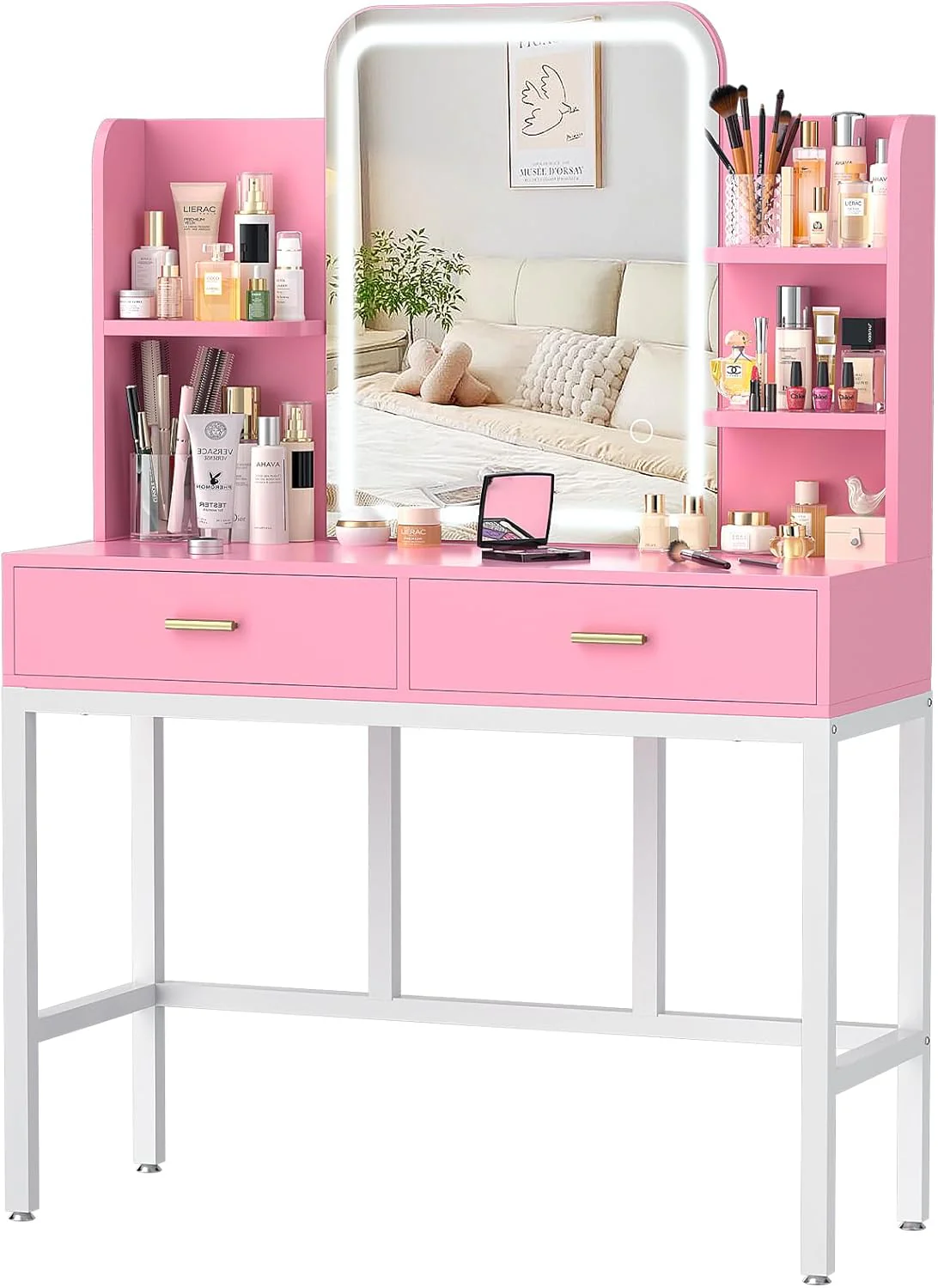 Makeup Vanity Desk with Mirrors, Vanity Set with 2 Storage Drawers and Open Shelves, 3 Colors LED Brightness Adjustable Dressing Table, Makeup Desk for Girls and Women, White