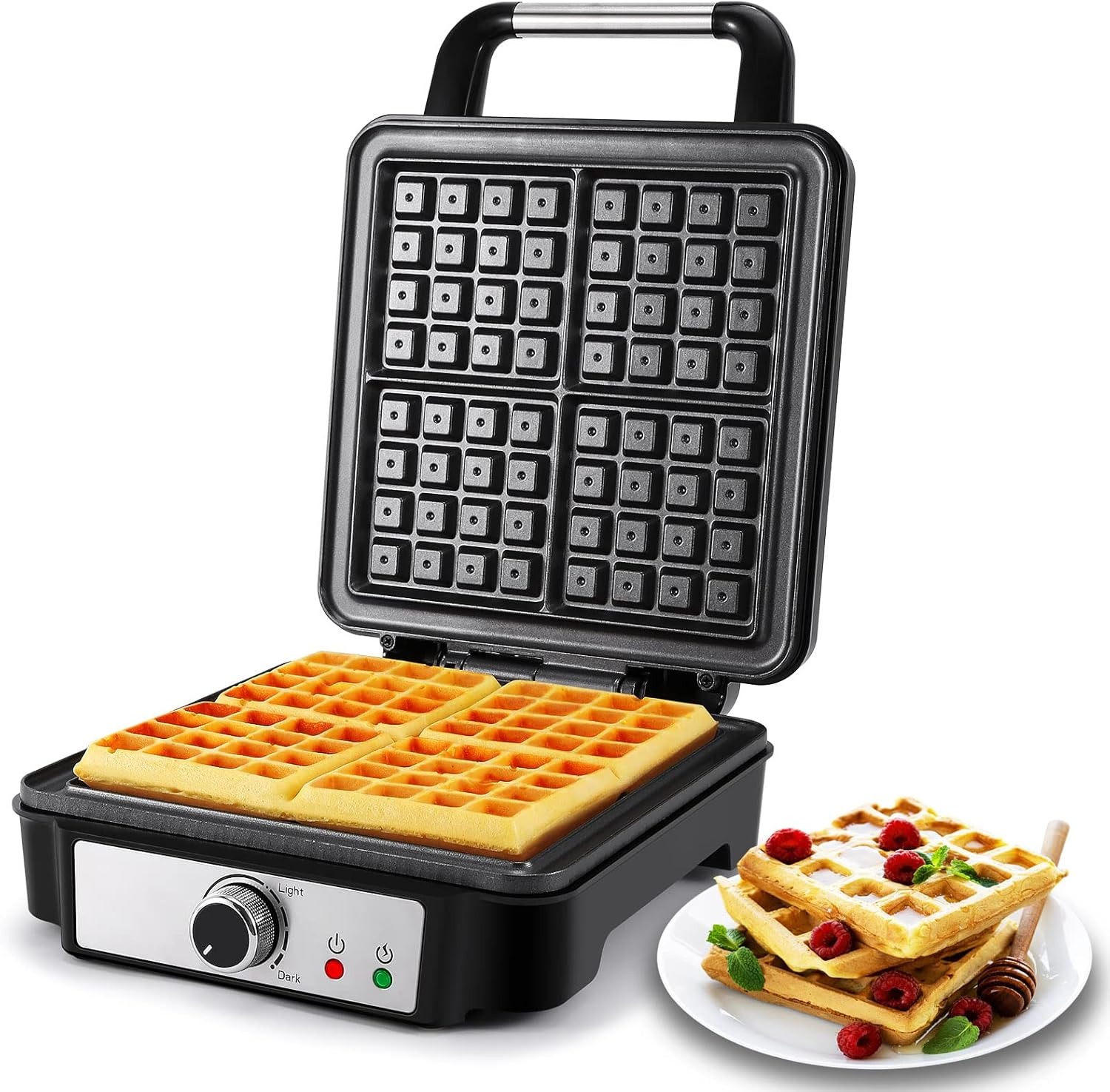 YASHE Piastra per Waffle, Macchina per Waffle Quadrata 4 Fette, 5 Manopole di Doratura, Luci Indicatori, Antisversamento, Rivestimento Antiaderente, 1200W, Argento/Nero、