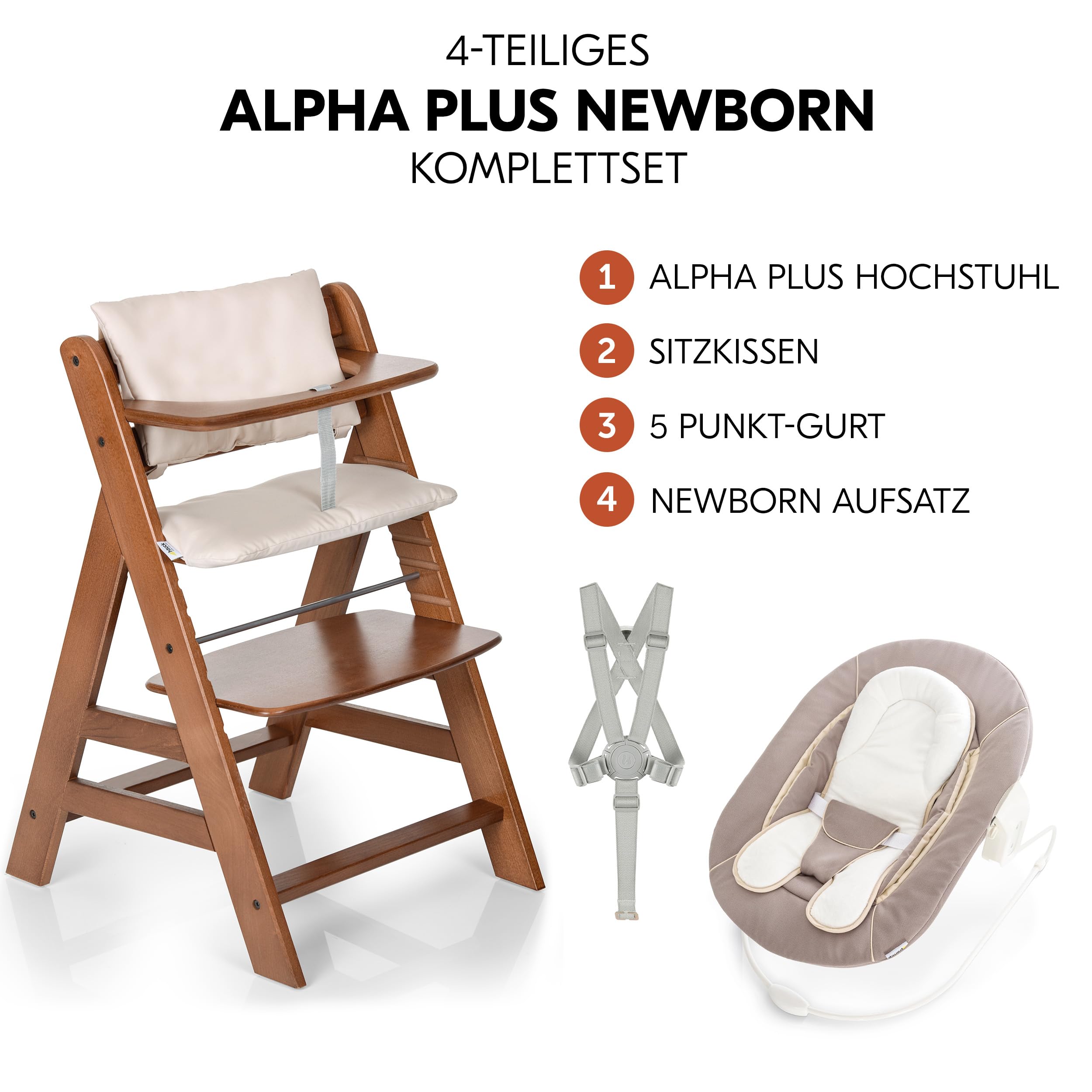 hauck Alpha+ Hochstuhl Newborn Set mit 2in1 Bouncer Walnuss höhenverstellbar mitwachsend für Babys