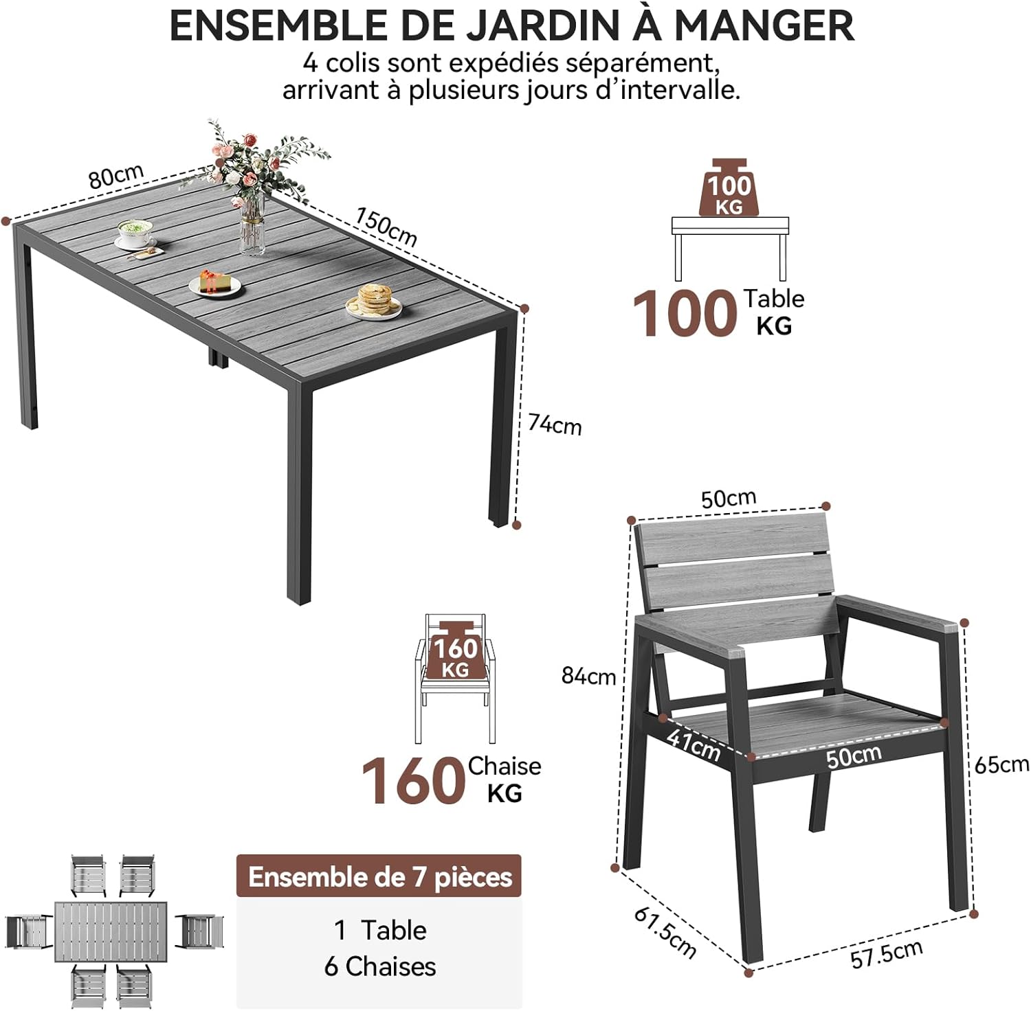 Devoko HDPS Conjunto de jardín de exterior de 7 piezas, resistente a la intemperie,con mesa de 150 cm y 6 sillas de jardín de exterior de aluminio,acabado imitación madera y fácil mantenimiento (gris)