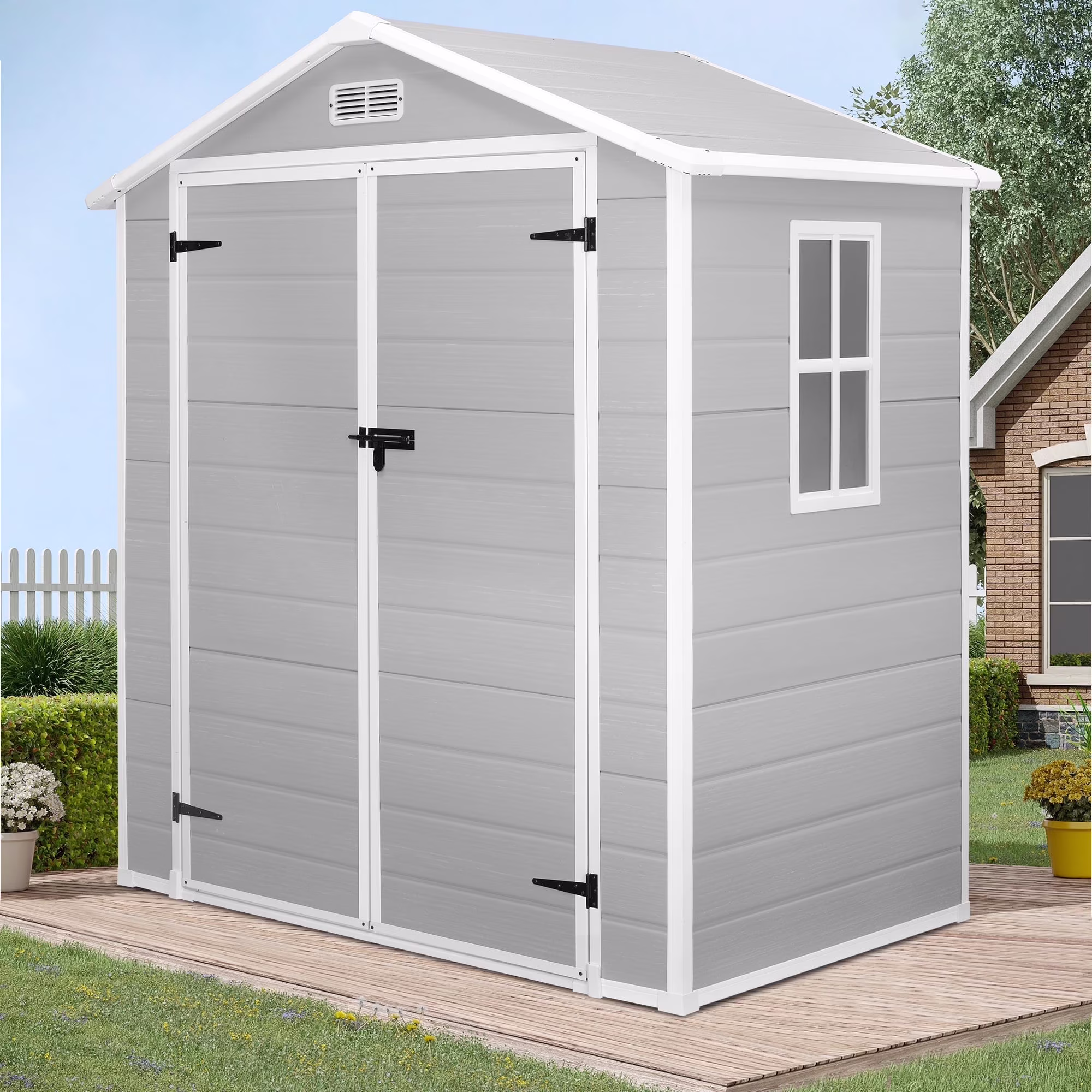 Enyopro 6 x 4.4FT Outdoor Storage Shed, All-Weather Plastic Resin Utility Tool Large Shed with Dual Lockable Doors for Patio Backyard Lawn, Gray