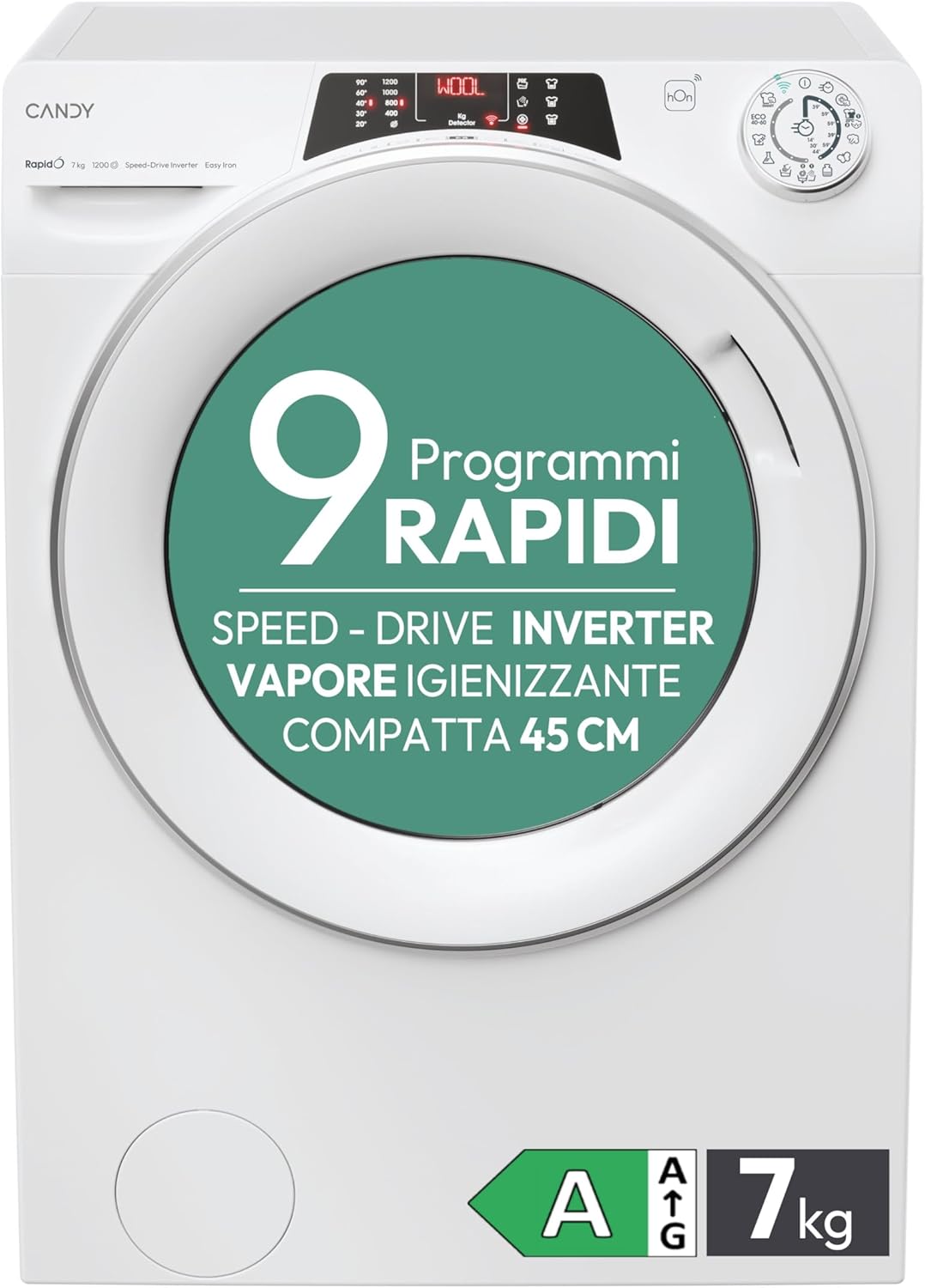 Candy RapidÓ Lavatrice Slim 7 Kg, Libera Installazione, Carica Frontale, Classe A, 1200 Giri, 9 Programmi Rapidi, Funzione Vapore, Wi-Fi + BLE e App hOn, 60 x 45 x 85 cm, Bianca - RO4 1274DWMST/1-S