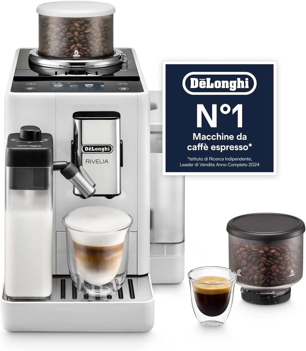 De'Longhi Rivelia – Perfetto Macchina da Caffè Automatica, LatteCrema Montalatte Automatico, 16 Bevande in un Solo Tocco, Display Touch a Colori, Contenitori Intercambiabili, Bianco (EXAM440.55.W)