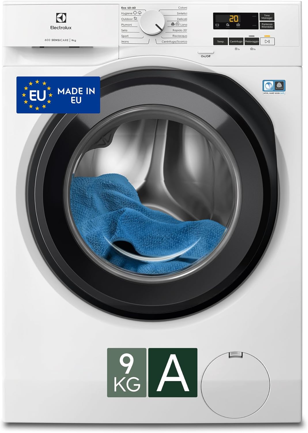 Electrolux 600 Lavatrice a carica frontale, EW6FA19G, 9 Kg, SensiCare, Time Manager, Programma Hygiene/Rapido, Motore Inverter+, Flussimetro, Prosense, 847x597x636 mm, Color Bianco, Classe A