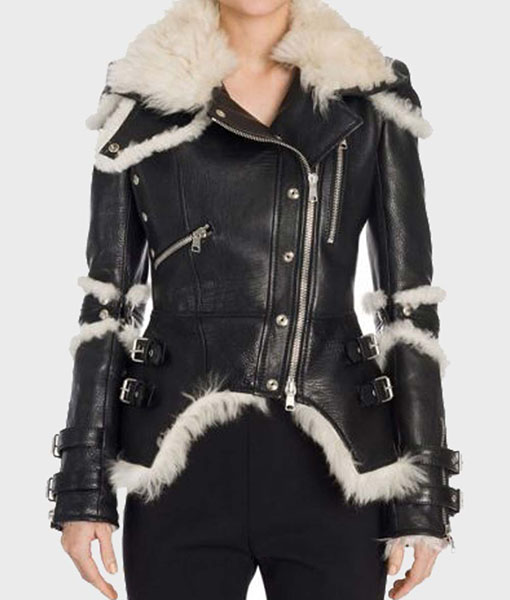 Womens Black Leather Shearling Biker Jacket