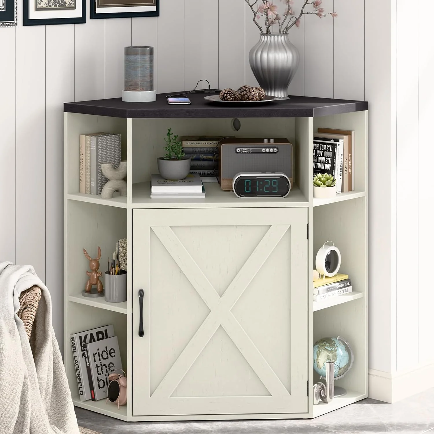 Vabches Corner Cabinet. Corner Storage Shelf with USB Ports and Outlets Industrial Organizer