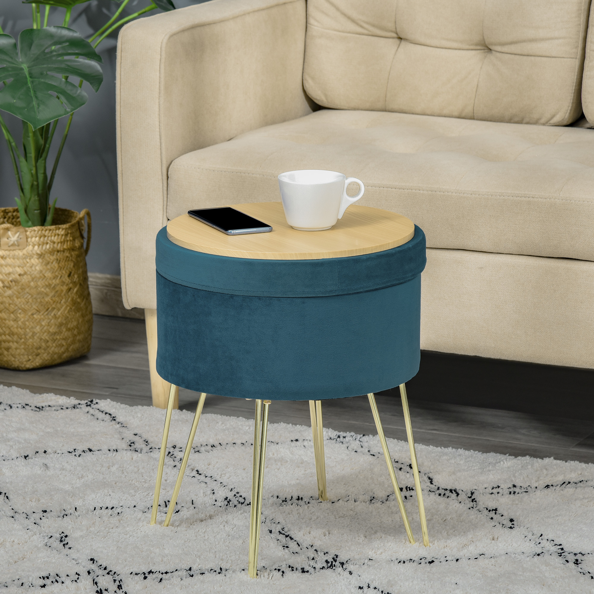 HOMCOM Pouf-Container 2-in-1 mit Hocker- und Tischfunktion, in Holz und Grünem Stoff, Metall mit Goldfinish, 36x36x45cm