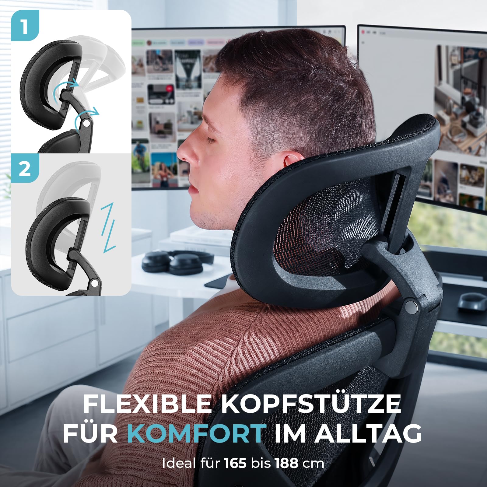 Ergonomischer Bürostuhl mit Netzstoff, hoher Rückenlehne und 3D-Kopfstütze, bis 159 kg, mit 4D-Klapparmlehnen und PU-Rollen