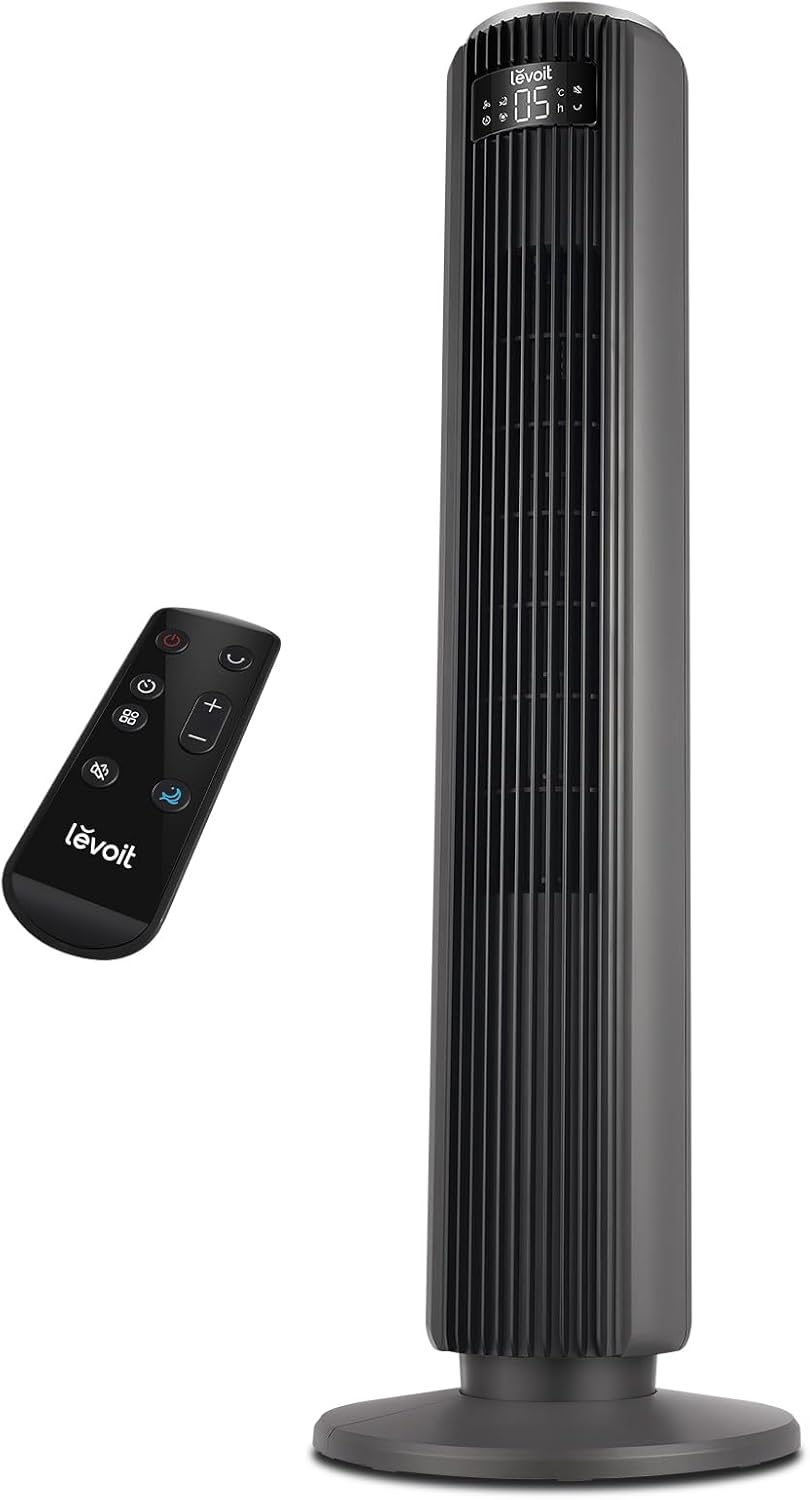 LEVOIT Tower Fan 20 dB Quiet, Powerful 7.9 m/s, 12 Speed, 4 Modes, Remote Control & LED, 1-12 Hour Timer, 90° Oscillation, 26W Saving, for Bedroom, 92 cm, Pure White