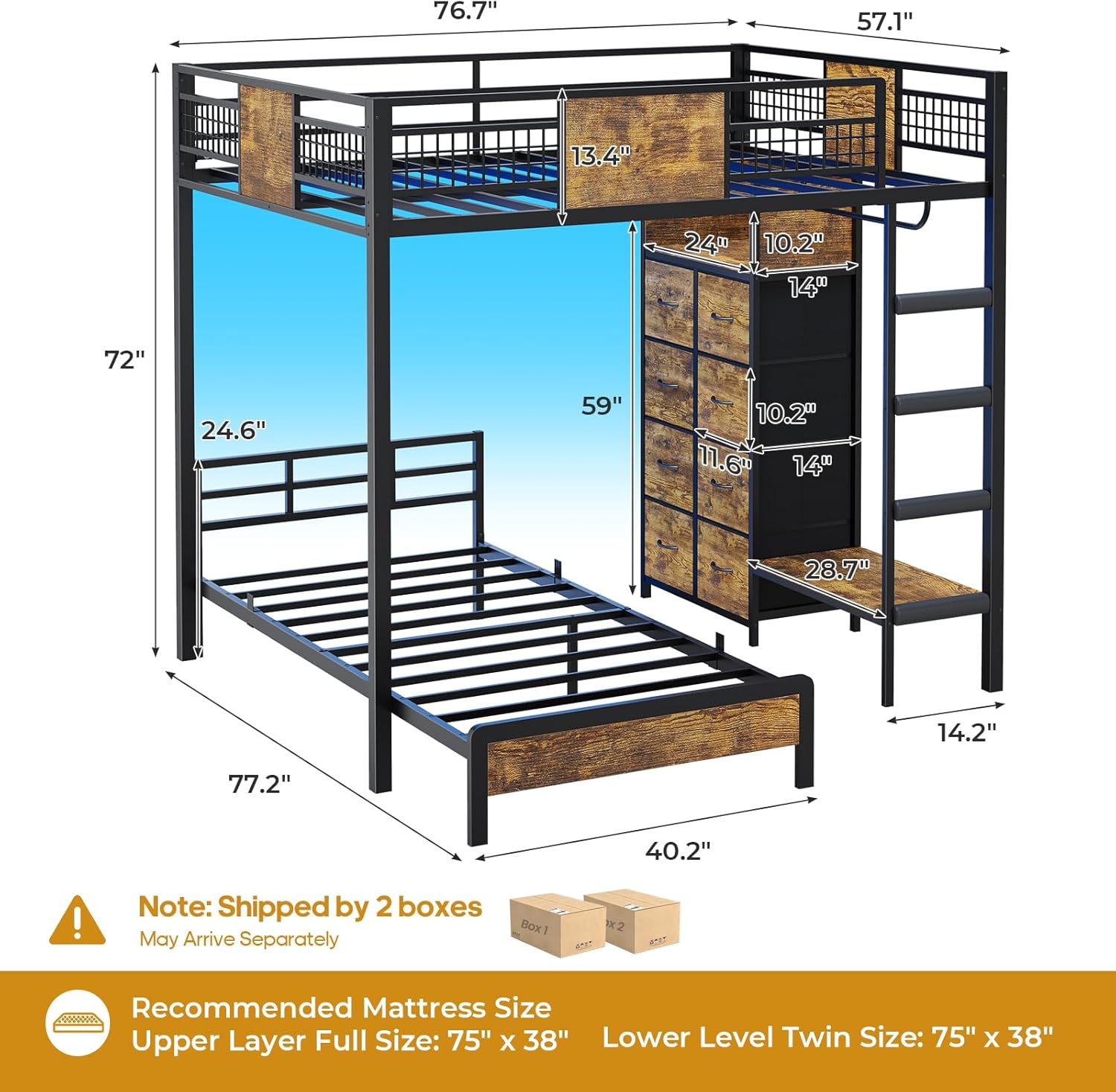 ADORNEVE Full Over Twin Bunk Bed with 8 Storage Drawers, Metal Loft Bed with Led Lights & Storage Shelves, Bunk Beds Twin over Full Size with 13.4