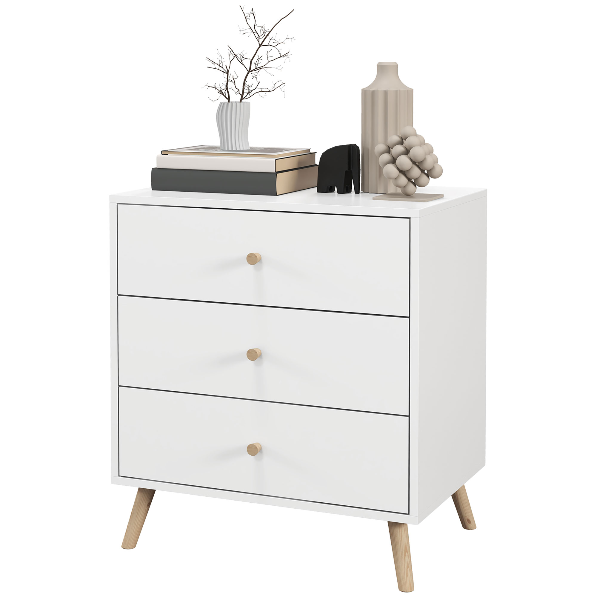 HOMCOM Kommode 3 Schubladen Skandinavisches Design Aufbewahrungsmöbel MDF Weiß Holzgriffe Konische Massivholzbeine aus Kiefer
