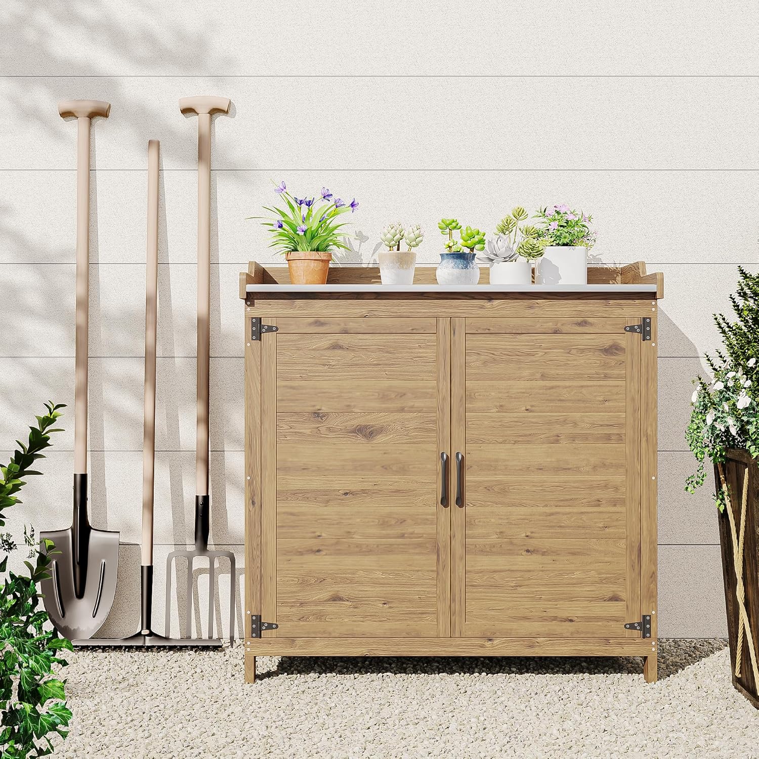 Bealife Tavolo per Piante con Mobile Base, Armadietto da Esterno in Legno,Mobiletto da Giardino con Piano di Lavoro con 1 Ripiano Mobile per Uso Interno ed Esterno (Naturale, 98x48x95 cm)