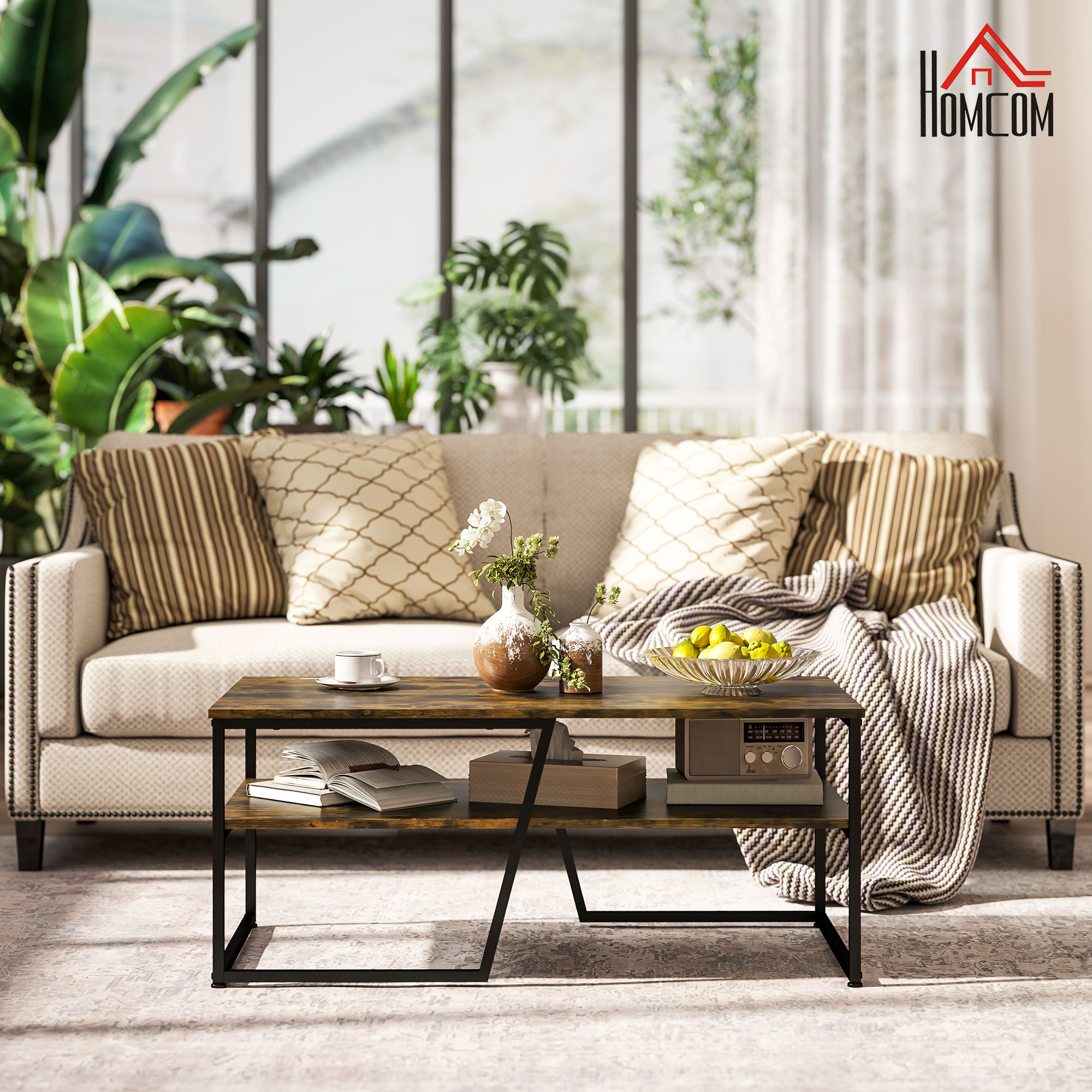 HOMCOM Rechteckiger Industrie-Stil Couchtisch mit 1 Platte und 1 Regal aus Metall 106 x 55 x 45 cm