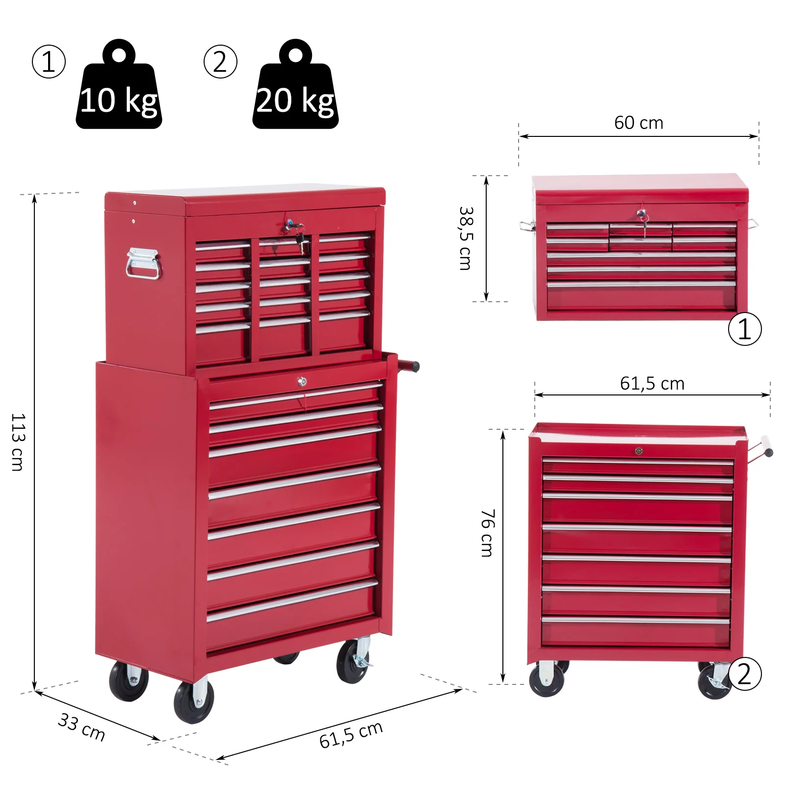 HOMCOM® mobiele werkplaatswagen, afsluitbaar met 16 schuifladen, rood / schuiflade gereedschapwagen wagen met wielen  gereedschapskist (rood)